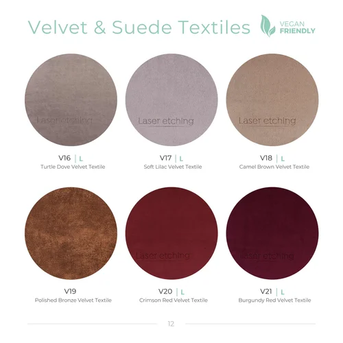 Velvet swatches including lilac, bronze and burgundy