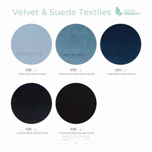 Blue and black velvet and suede swatches