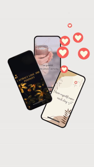Three smartphones displaying love and positivity themed motivational messages, with floating heart icons around them.