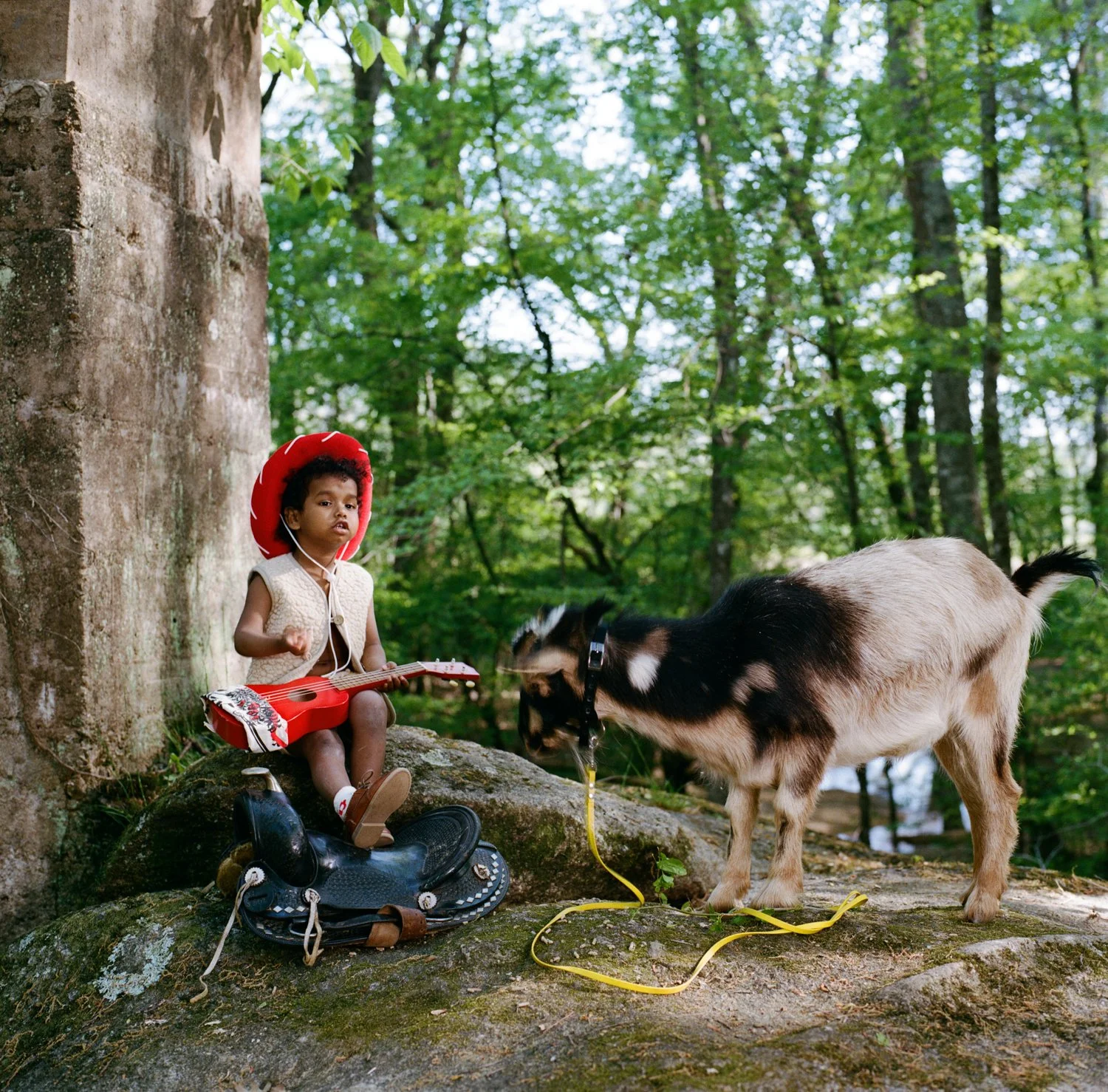 Dancing goat. A young girl sitting on a large rock in a forest, playing a small red guitar, with a goat nearby on a leash. She is wearing a sleeveless vest and a red hat, with a backpack beside her.