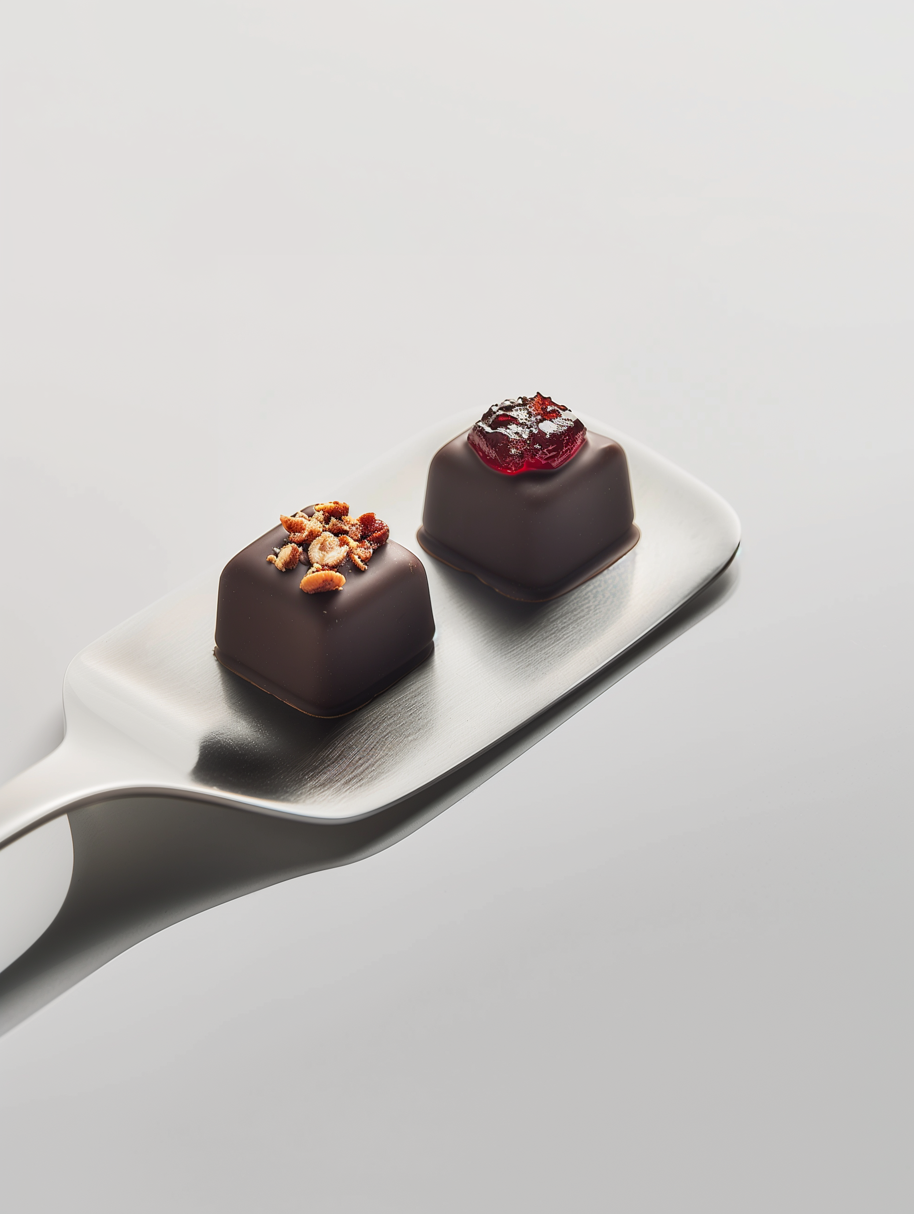 Two square-shaped chocolates with decorations, one topped with chopped nuts and the other with a red berry and silver dust, on a sleek silver serving spatula.