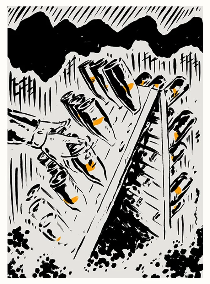 Abstract illustration of a hand drawing with a quill on an easel in a chaotic landscape with mountains and orange accents.