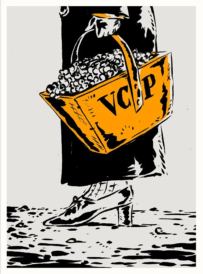 Illustration of person holding basket with grapes and 'V.C.P' text