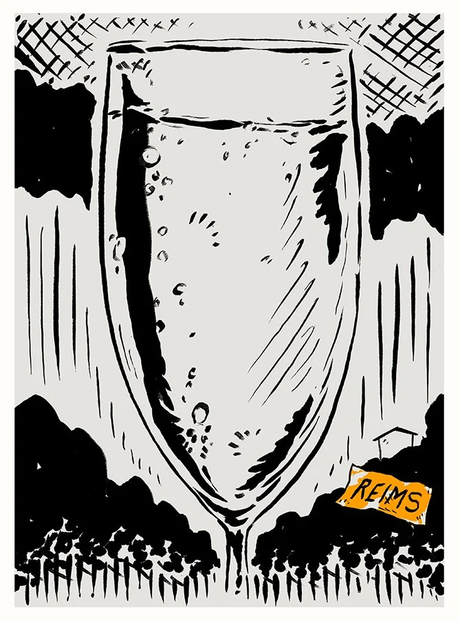 Illustration of a champagne glass with bubbles and "Reims" label