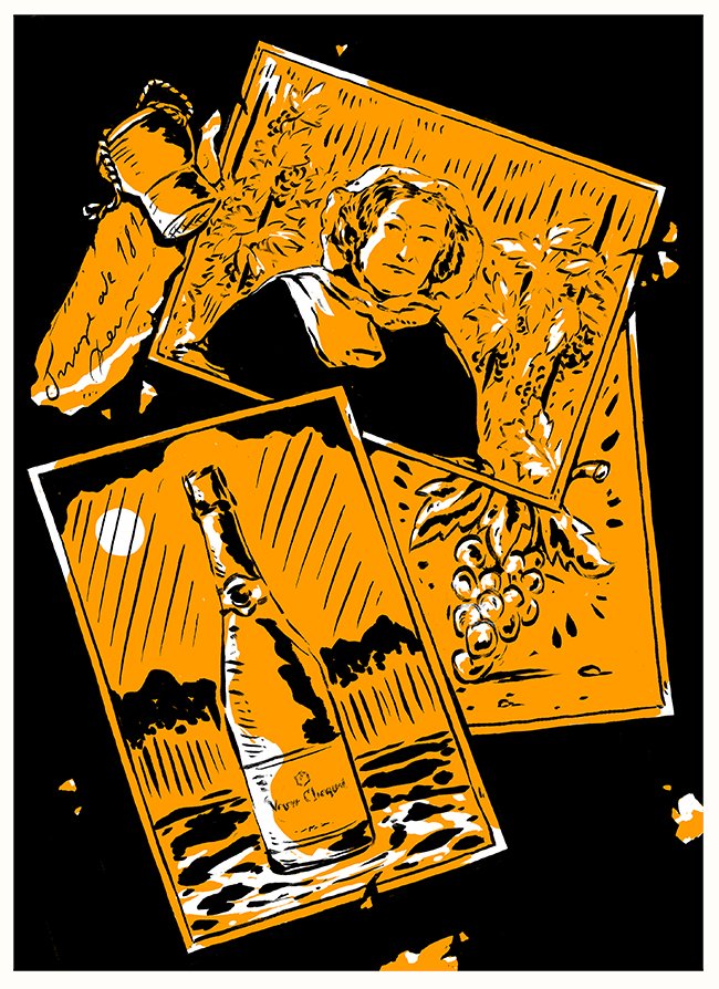 Illustration featuring a Veuve Clicquot Champagne bottle, a portrait of a woman, and grapevines in orange and black tones.