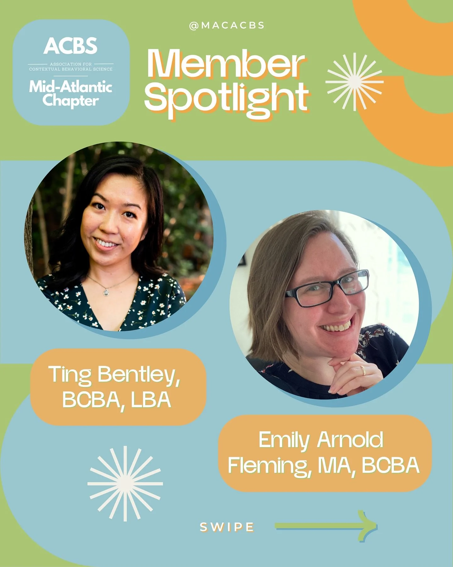 🌟 MAC-ACBS August Member Spotlight 🌟

Swipe to learn more about this month&rsquo;s spotlighted members: Ting Bentley BCBA, LBA and Emily Arnold Fleming MA, BCBA 💫

Members of our MAC-ACBS community are making a meaningful impact every day&mdash;su