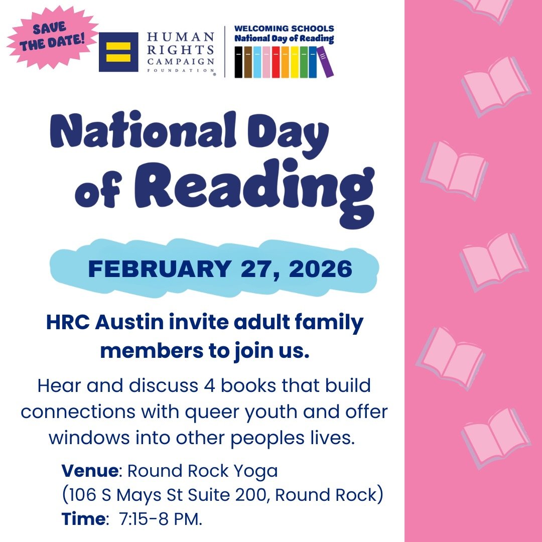 ✨ free event and all ages ✨
@hrcatx in partnership with Round Rock Pride 
Hear and discuss 4 books that build connections with queer youth and offer windows into other peoples lives.

Event space donated by @roundrockyoga 💗