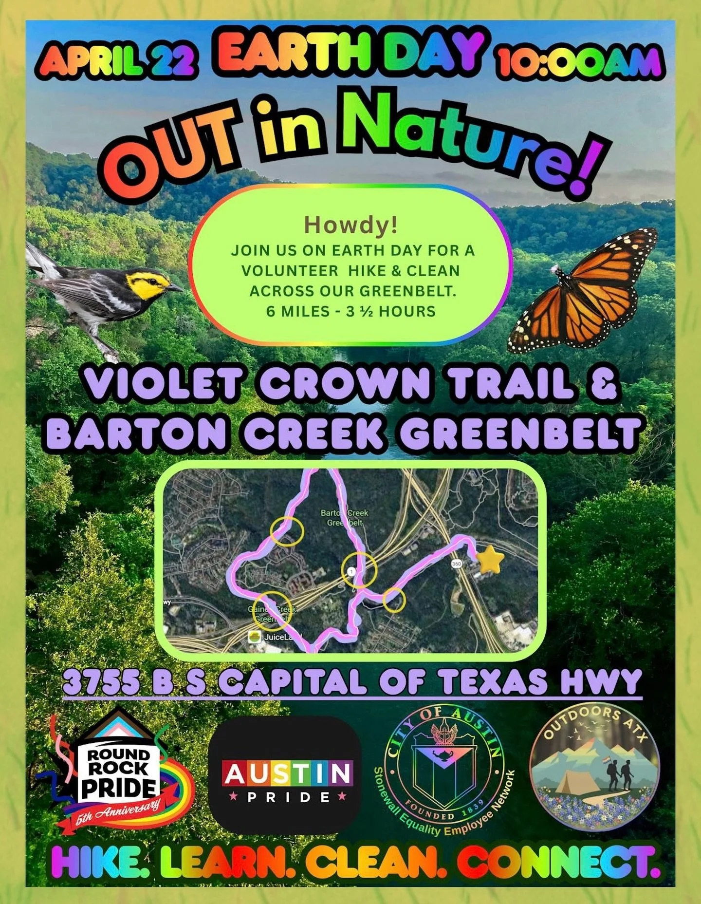 *RSVP on Partiful or DM for link*
🌱 It&rsquo;s Earth Day! 🌎
Let&rsquo;s give Mother Nature a much deserved SPA DAY! 
Join Round Rock Pride, Austin Pride, Stonewall Equality Employee Network of the City Of Austin &amp; Outdoors ATX  with the help of