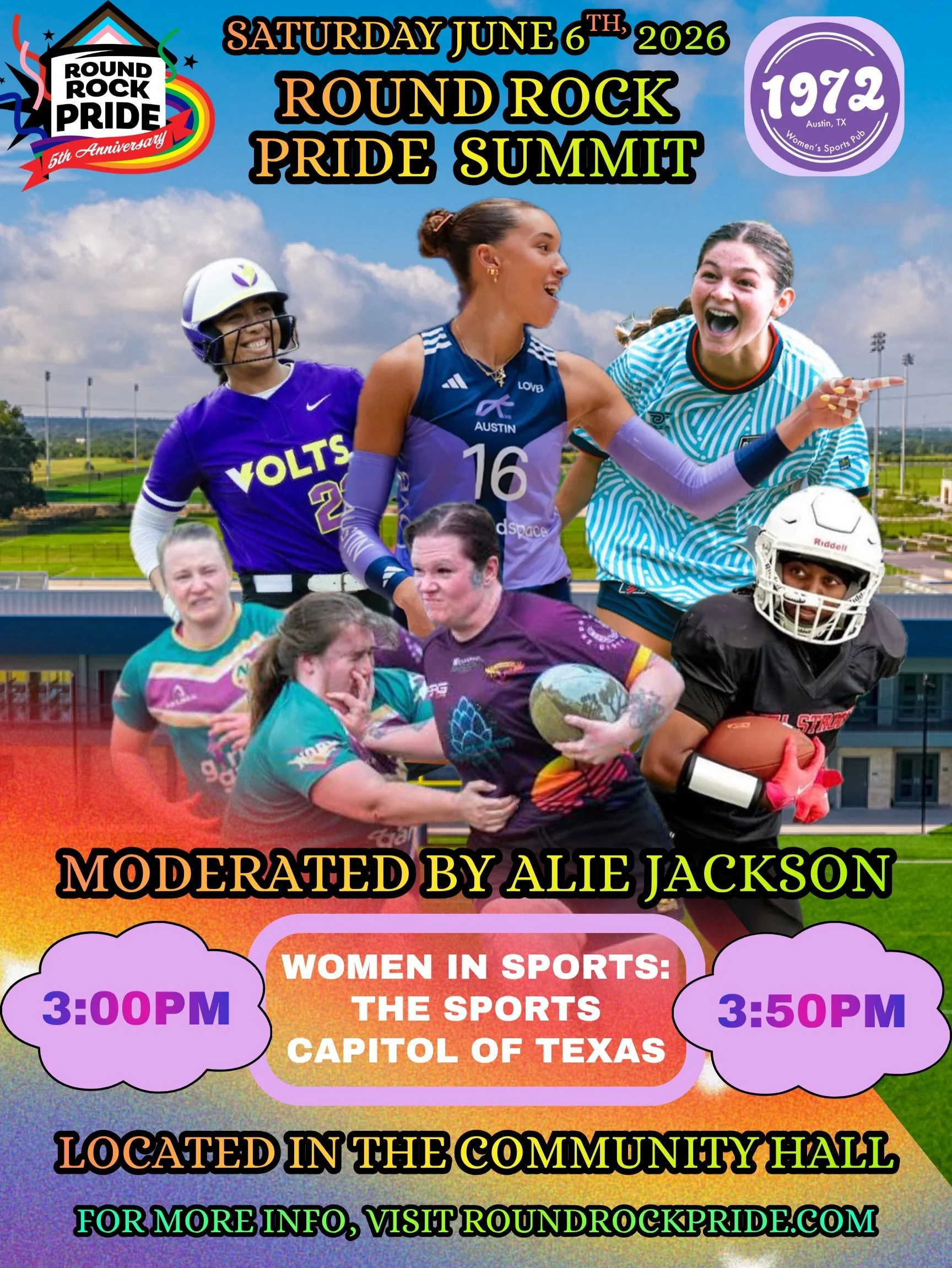 2026 Round Rock Pride Summit Presents: 
Women in Sports - The Sports Capital of Texas 
From 3:00 pm - 3:50 pm located in the Community Hall 

Moderated by @ali3jackson
Speakers:

1) Giant Noise &amp; Austin FC - Alie Jackson, Senior Creative Director