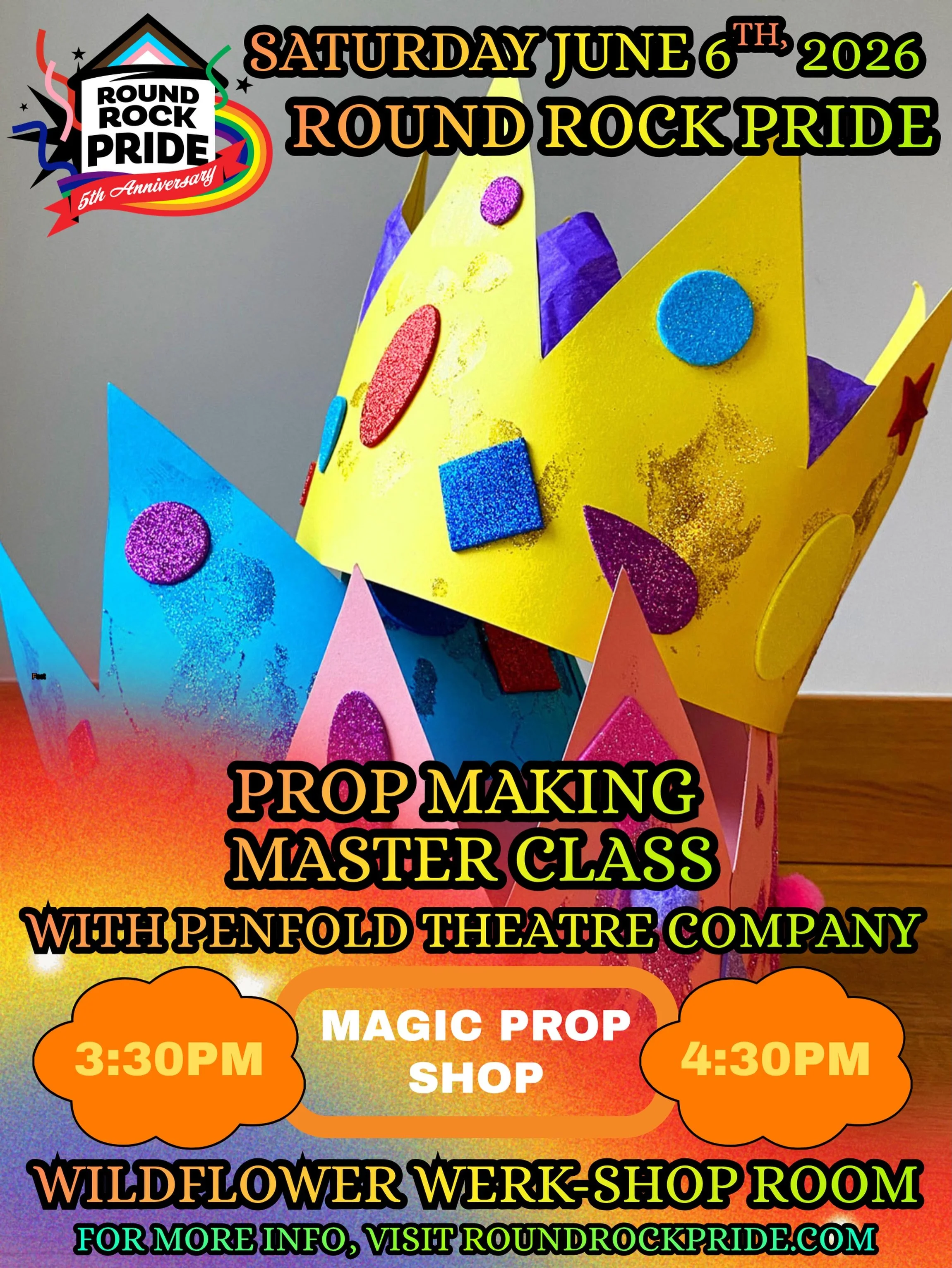 Round Rock Pride Festival 2026 presents:

MAGIC PROP SHOP: PROP MAKING - MASTER CLASS

From 3:30PM - 4:30PM located in The Wildflower Werk-Shop Room

Join the Directors and Designers from @penfoldtheatre in this interactive prop-making workshop desig