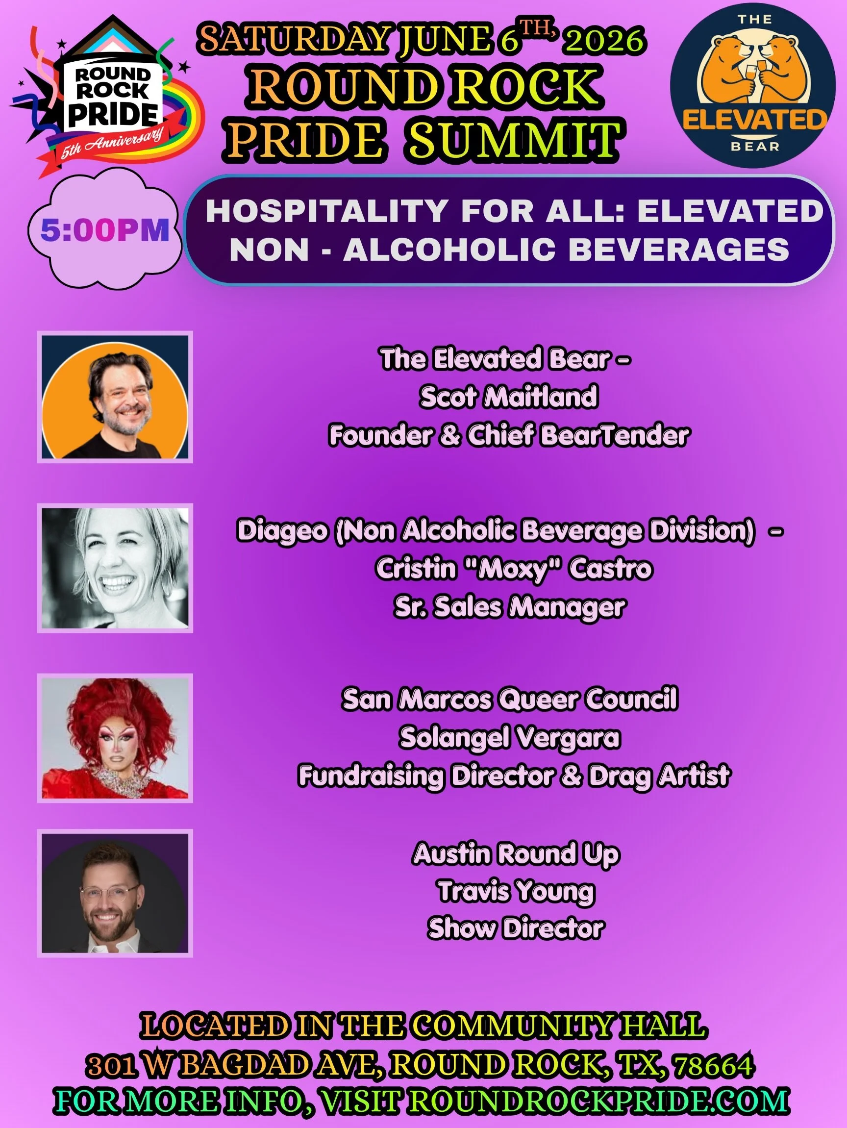 2026 Round Rock Pride Summit Presents: 
HOSPITALITY FOR ALL: ELEVATED NON - ALCOHOLIC BEVERAGES
From 5:00 pm - 5:50 pm located in the Community Hall 

Moderated by @scotm321 

Speakers:

1) The Elevated Bear - Scot Maitland, Founder &amp; Chief BearT