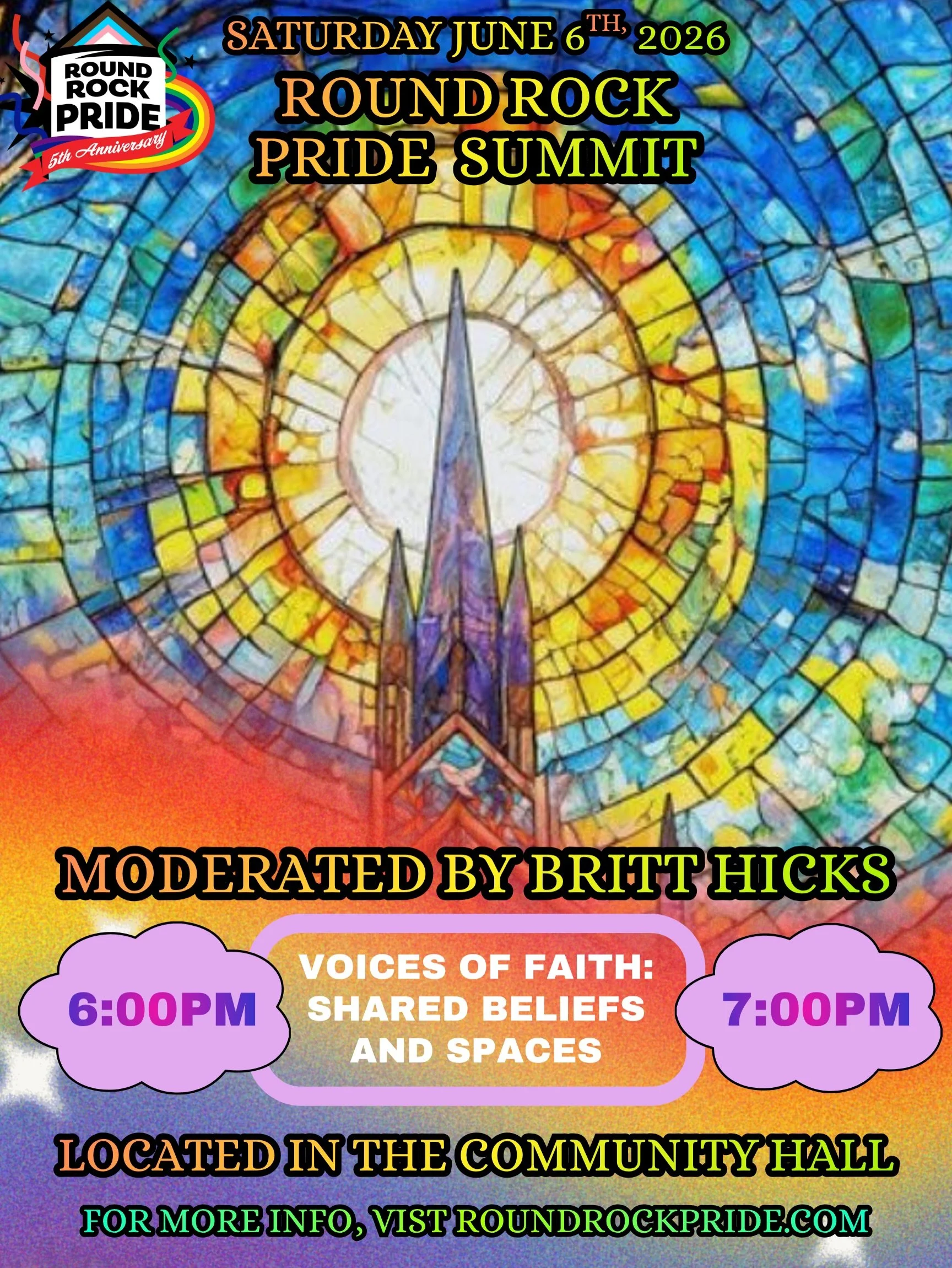 2026 Round Rock Pride Summit Presents: 
VOICES OF FAITH: SHARED BELIEFS AND SPACES
From 6:00 pm - 7:00 pm located in the Community Hall 

Moderated by @brittshicks 

Speakers: 

1) Hope United, Rev. Marek Bozek
2) Hope Presbyterian, Cedar Park, Rev. 