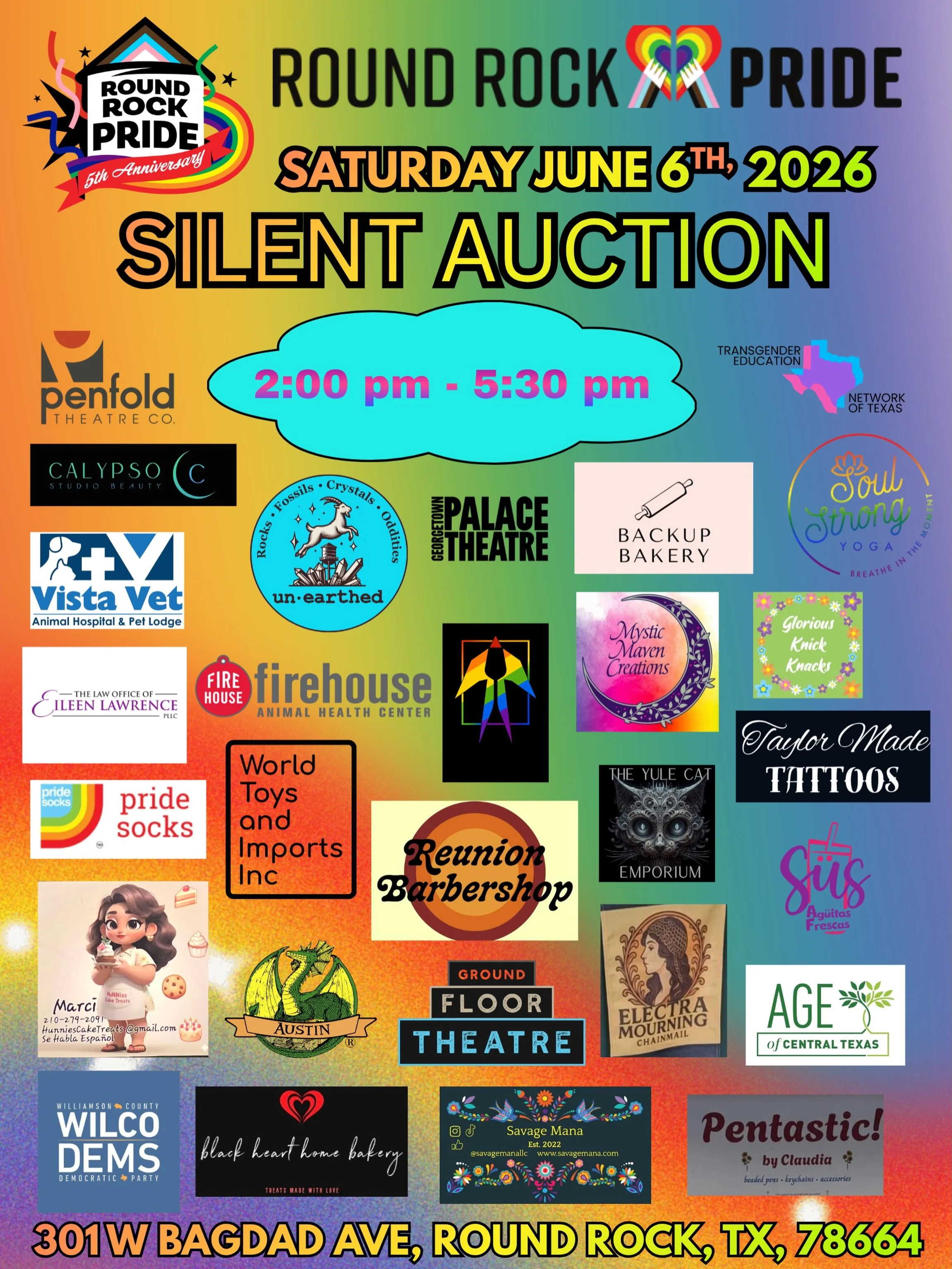 Round Rock Pride 2026: Silent Auction

A fabulous thank you to the incredible businesses, organizations, and community members who have donated items, experiences, and services to our 2026 Silent Auction!

All money raised will help support our annua