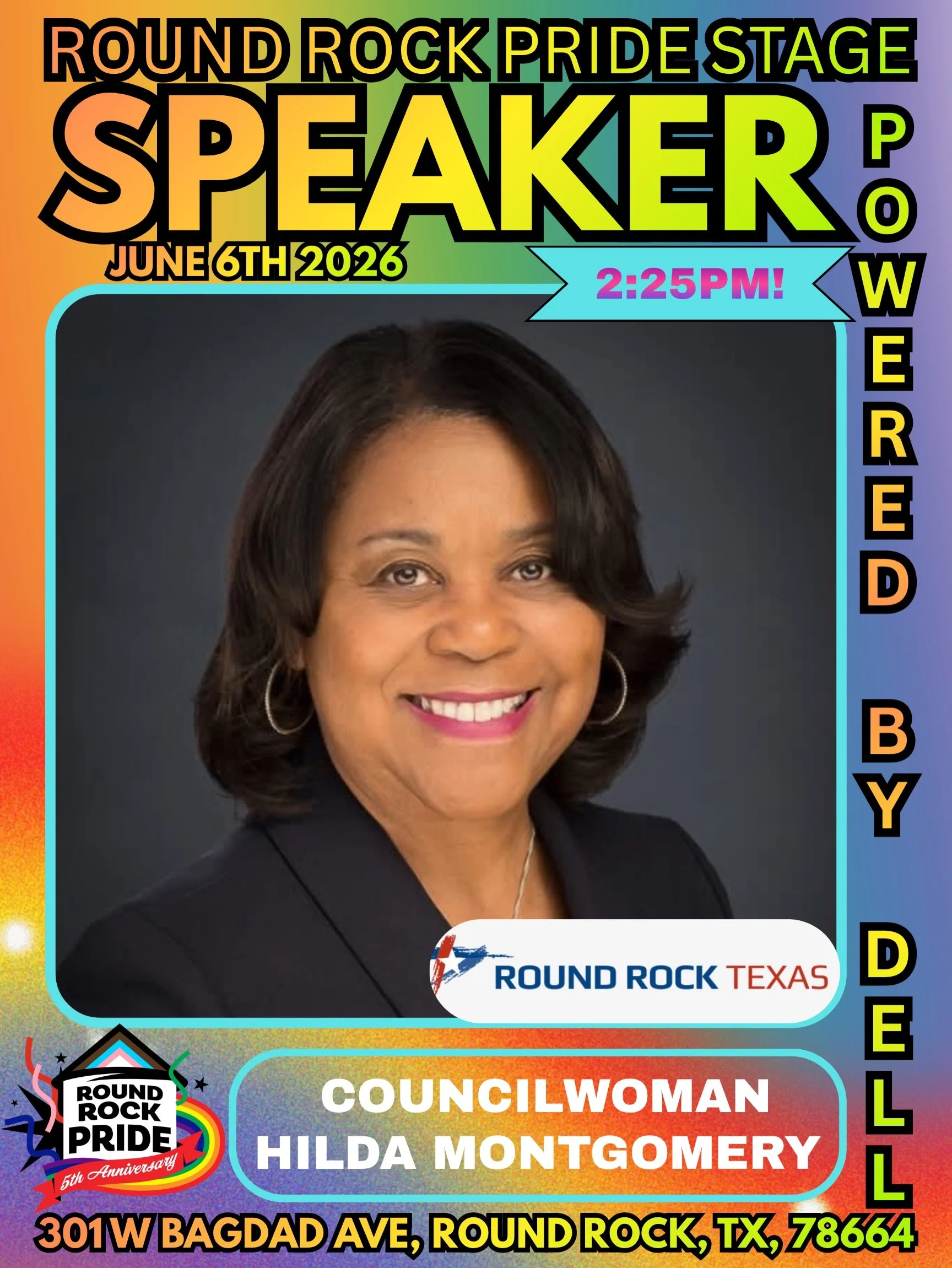 Round Rock Pride 2026 Presents: 

1) Council Woman Hilda Montgomery during opening remarks. 

2) Free @cynthialeefontaine meet and greet at the Barbette Pavilion (lower amphitheater) around 3:30 pm. 

3) @kenn_doll_atx opening Act 4!