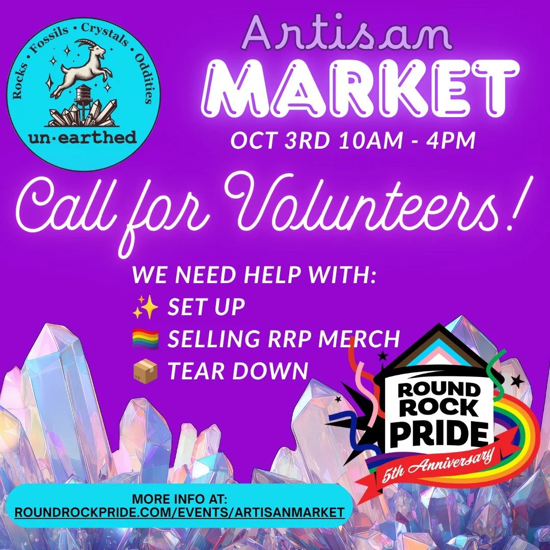 Round Rock Pride is heading to the UnEarthed Artisan Market on October 3rd, and we need some fabulous volunteers! 

We need help with  set up,  selling RRP merch, and  tear down. The market runs from 10 AM&ndash;4 PM, and we&rsquo;re looking for volu