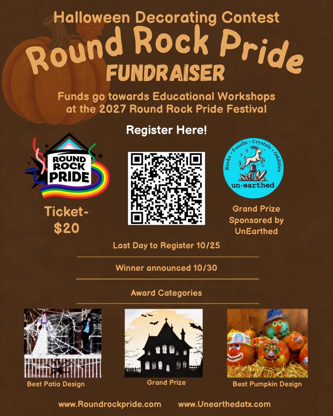 👻 Boo!! 👻 
It&rsquo;s spooky season, y&rsquo;all! We are hosting a Halloween Decorating Contest!! 

This is a fundraiser and every dollar raised goes straight toward Educational Workshops at the 2027 Round Rock Pride Festival. 

Show us what you go