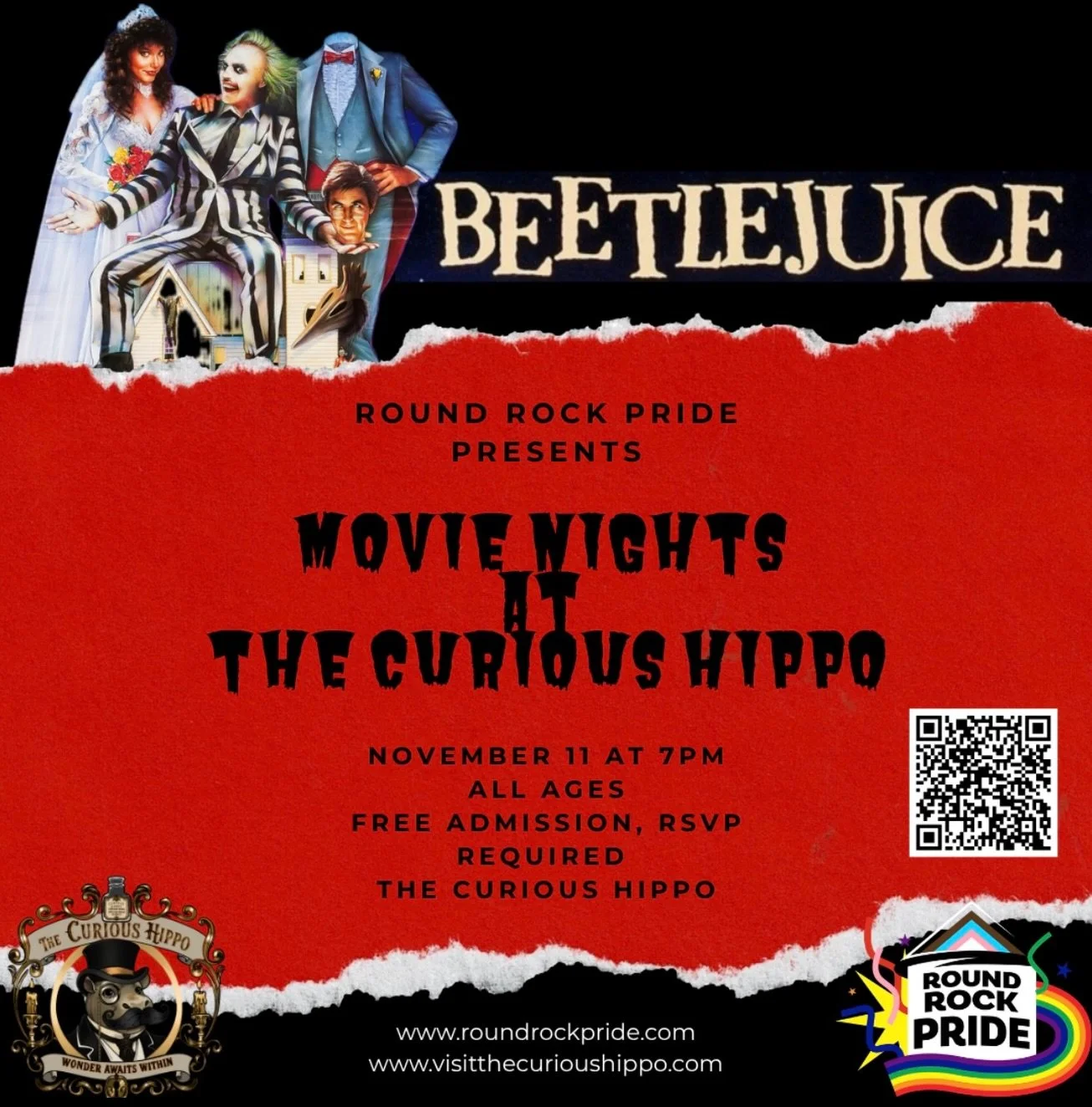 🧟 Round Rock Pride Movie Night: Beetlejuice 

🚨Limited to only 20 seats! 🚨
Howdy! Please join Round Rock Pride for a FREE movie night. This one is all ages but minors must be accompanied by an adult. Captions will be present on the screen. 

🎟️ O