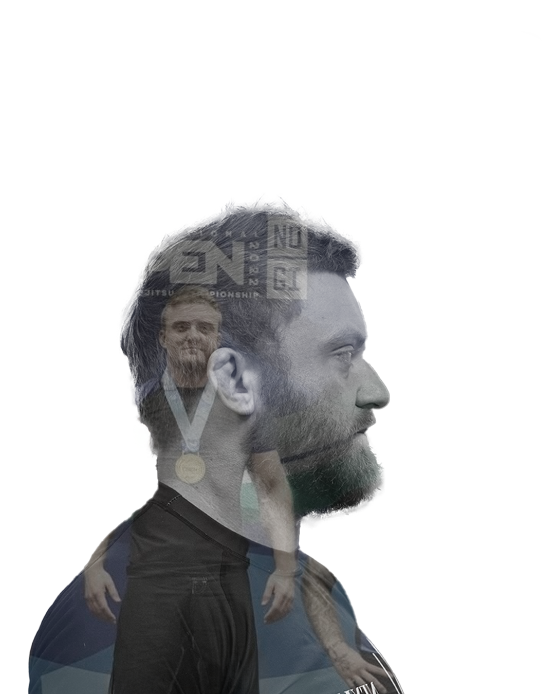 Double exposure photograph of a bearded man with a medal around his neck, with his face Superimposed over a scene of people and text, creating a layered effect.