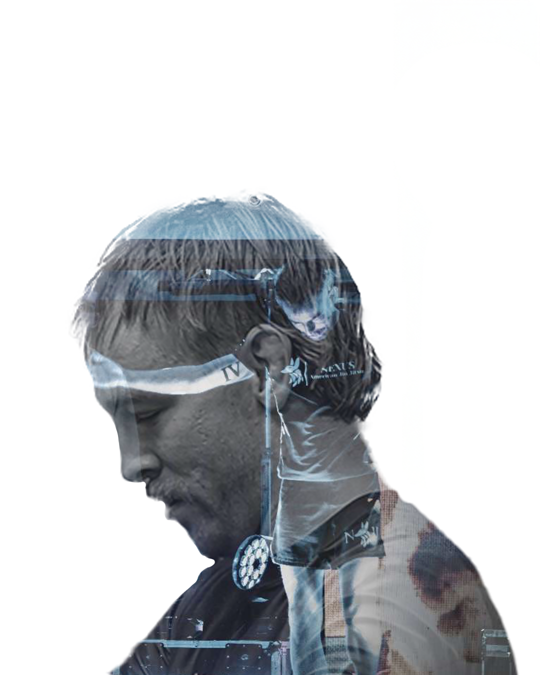 A double exposure image of a man wearing sunglasses and headphones, with a landscape of water and land overlaid on his profile.