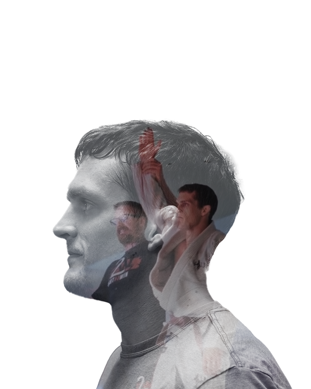 A double exposure photo of a man's profile with his inner thoughts featuring winning competition.