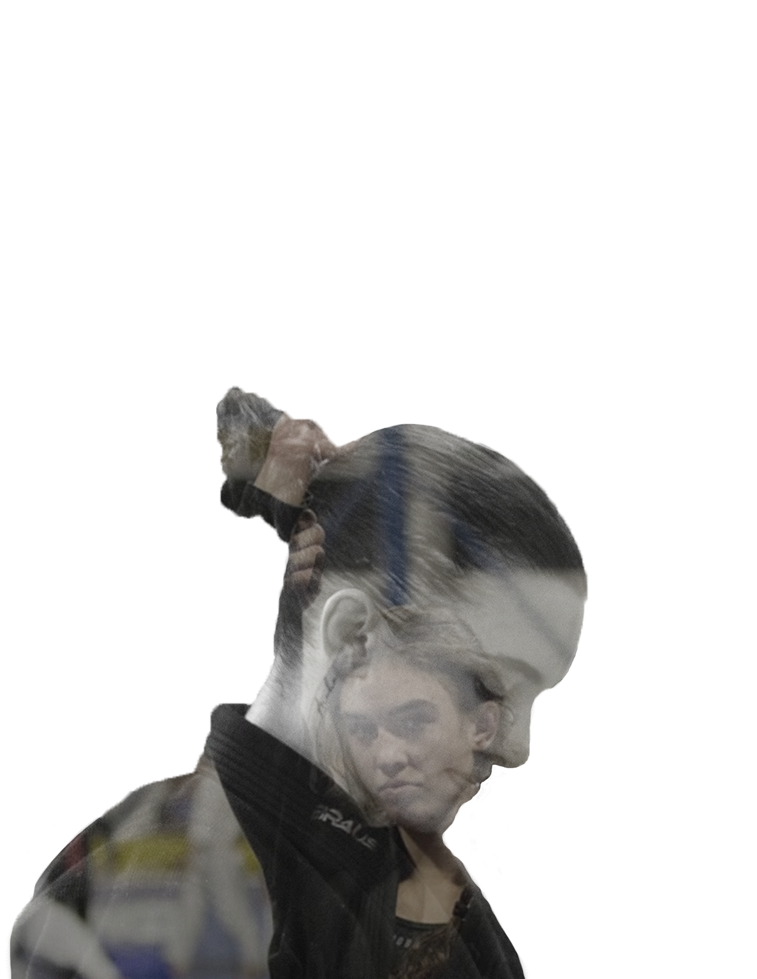 Double exposure photo of a woman with dark hair in a bun, winning jiu jitsu competitions