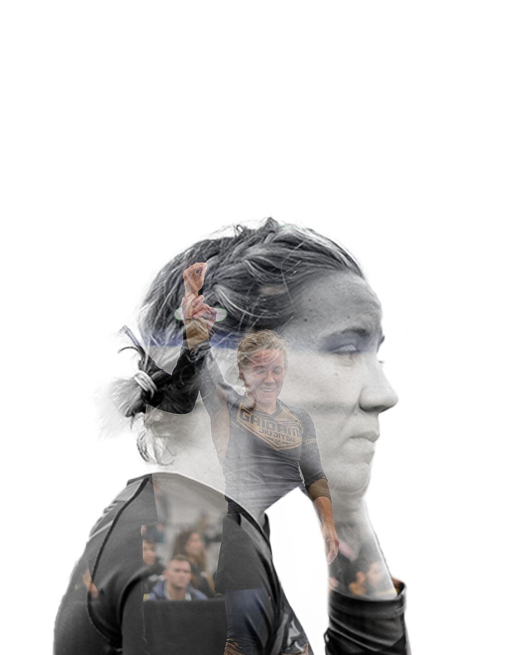 Double exposure of a female martial artist and a young girl with a raised fist, against a white background.