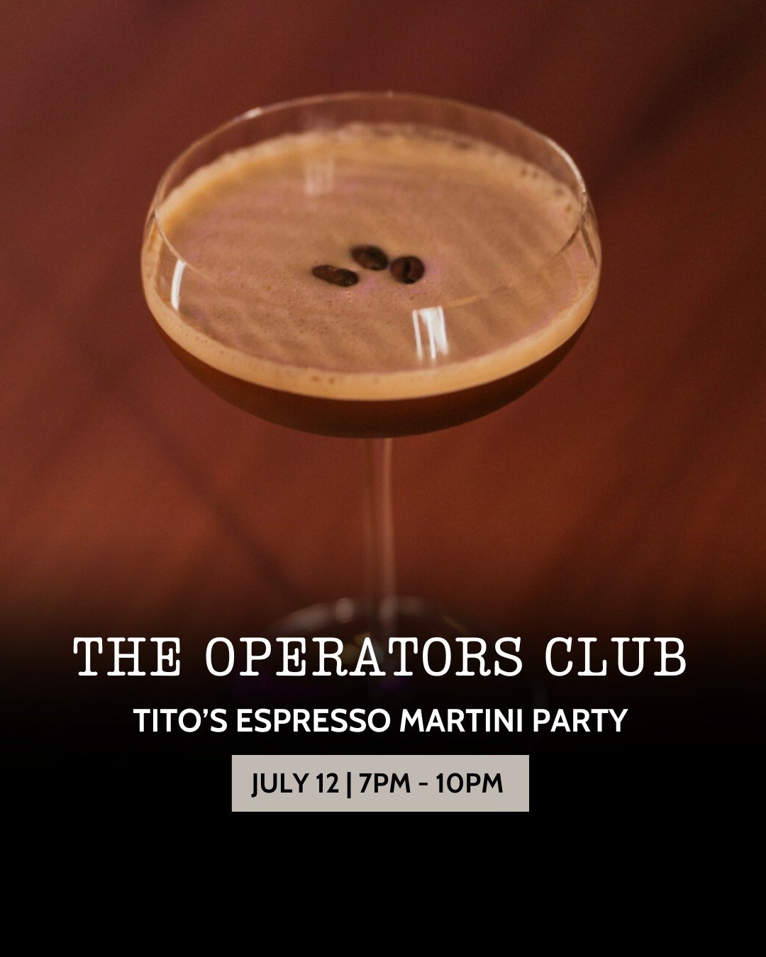 Join us for a Tito's takeover at The Operators Club on Friday, July 12 from 7-10pm! 🍸Sample our Signature Espresso Martini, grab some Tito's swag, and win exciting prizes. Don&rsquo;t miss out on this perfect pregame spot to kick off your weekend!