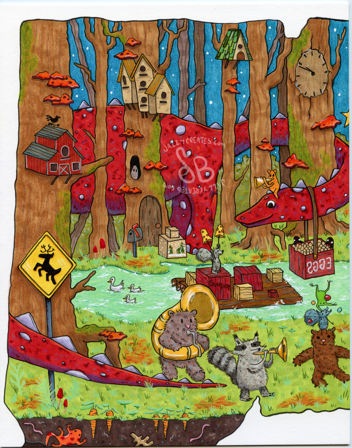 Left Panel of Connecticut Illustration. Copic Marker, colored pencil, Ink