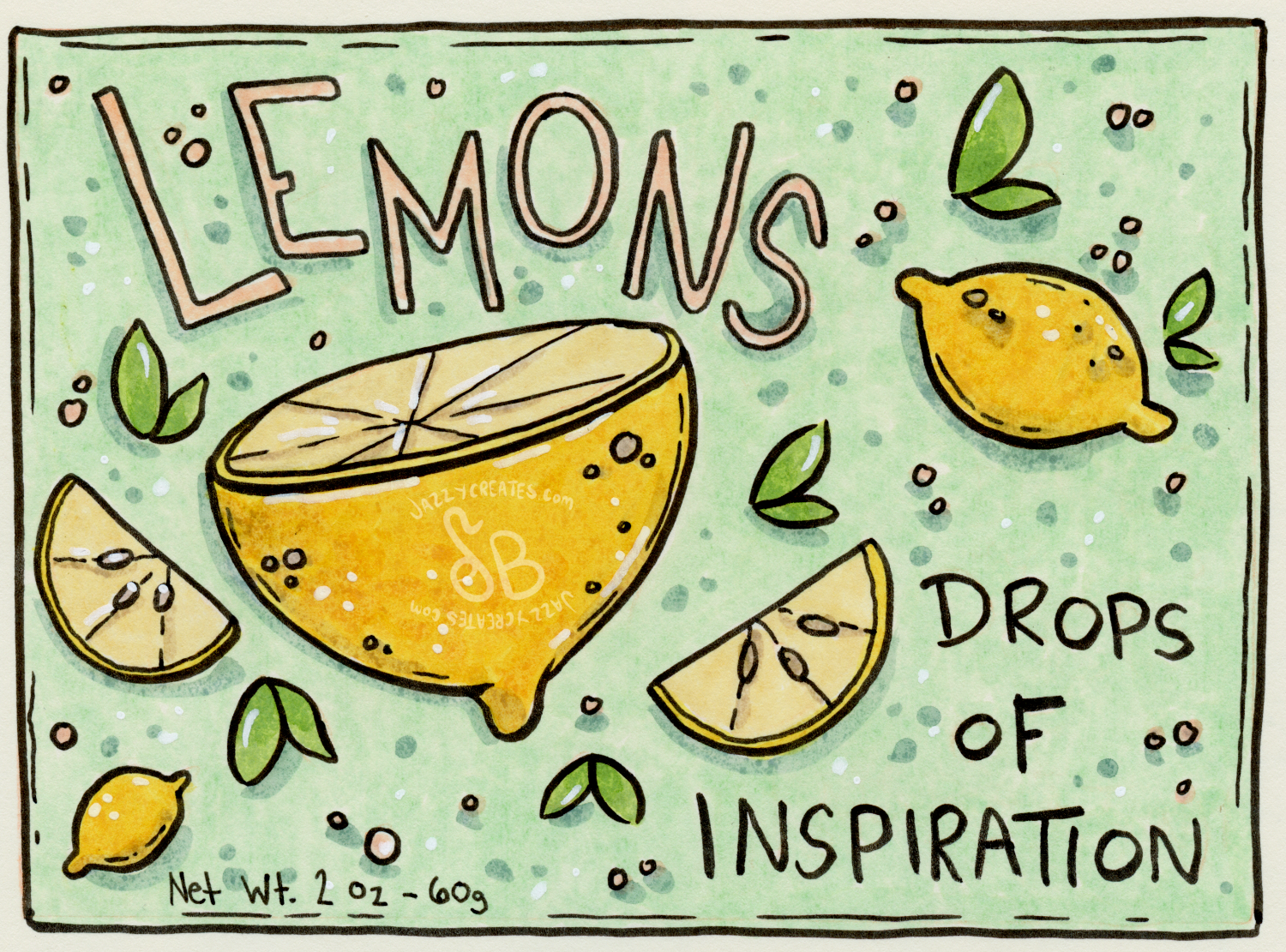 Lemon Tin Cover. Copic Marker, colored pencil, Ink