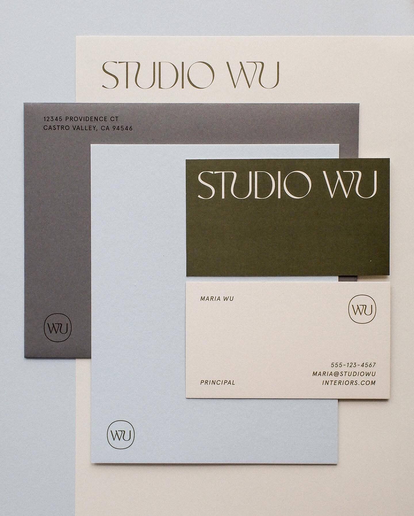 Stationery suite for @studiowuinteriors 

moss green ink over @mohawkpaper warm white &amp; #mohawkkeaykolour pastel blue
@neenahpaper pewter envelopes

.
.
#brandidentity #brandingdesign #neenahpaper #welovebranding #stationerydesign #customtype #ty