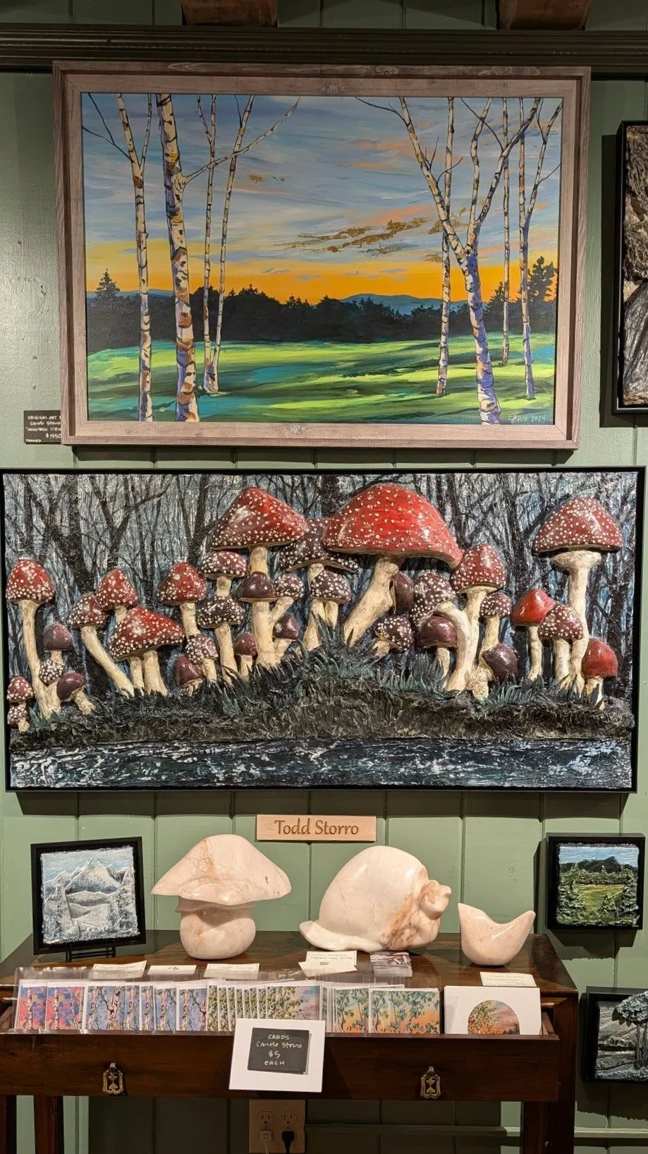 Top painting by Carole Storro and bas relief of mushrooms below by Todd Storro (brother and sister in laws)