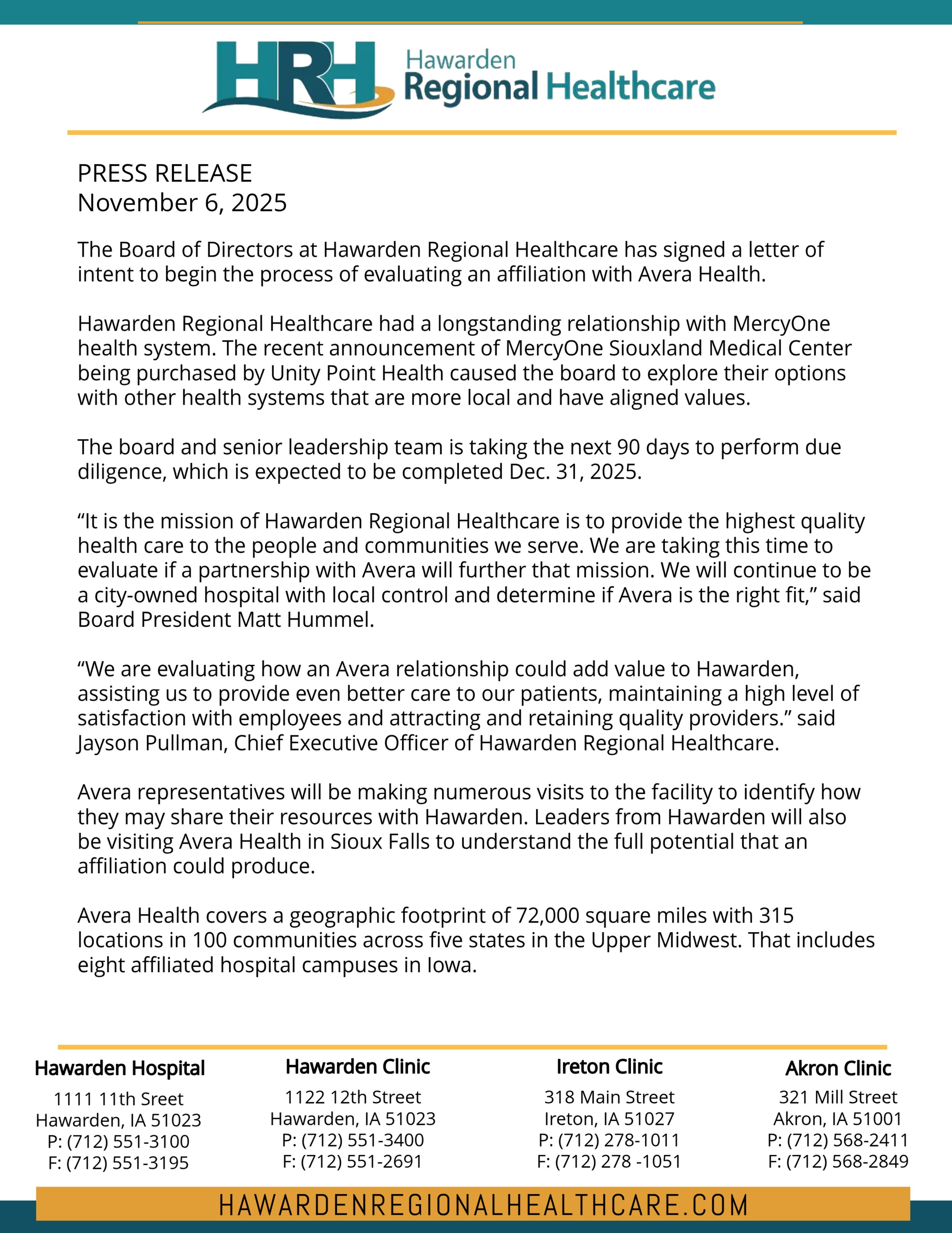 HRH explores affiliation with Avera Health