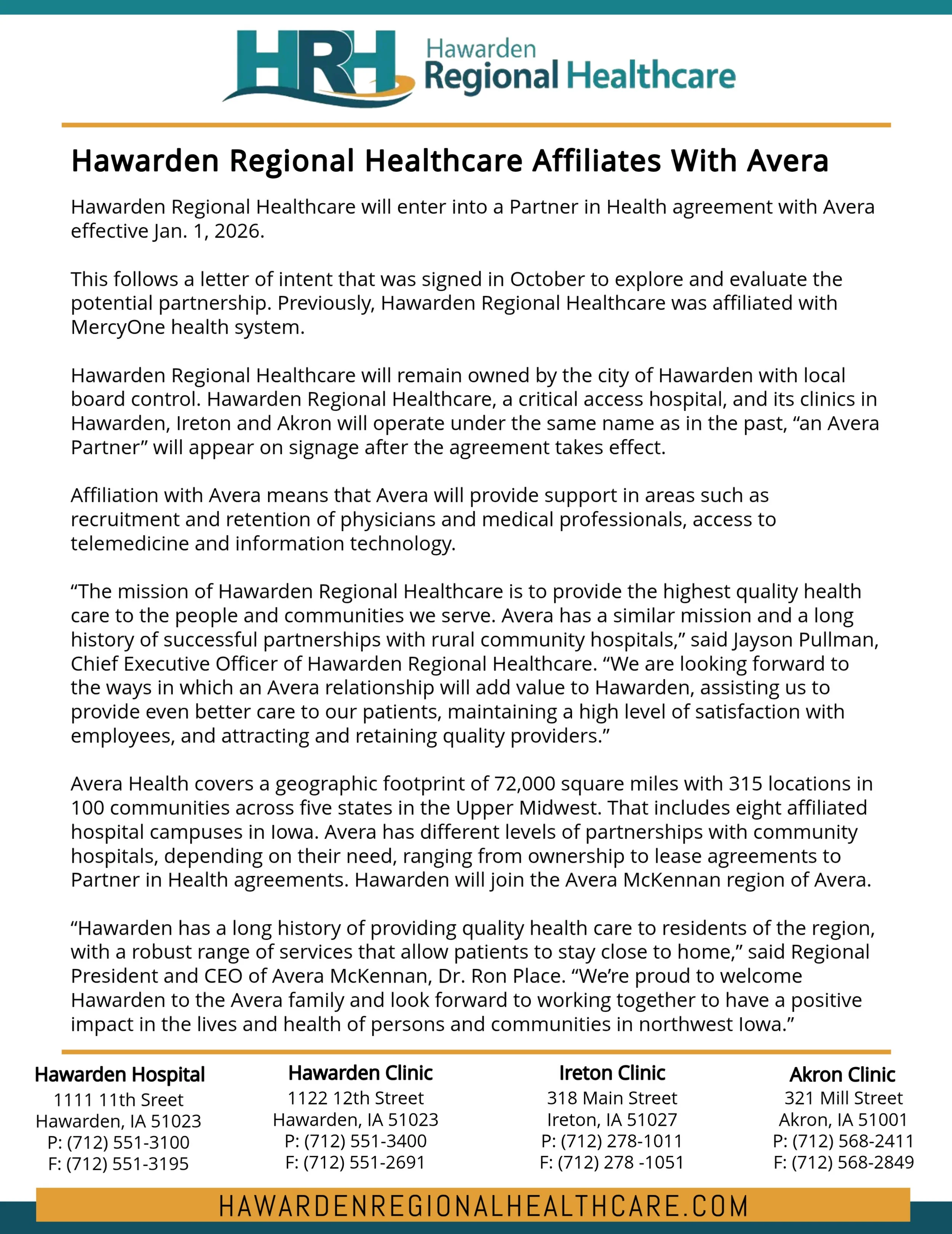 Hawarden Regional Healthcare Affiliates With Avera