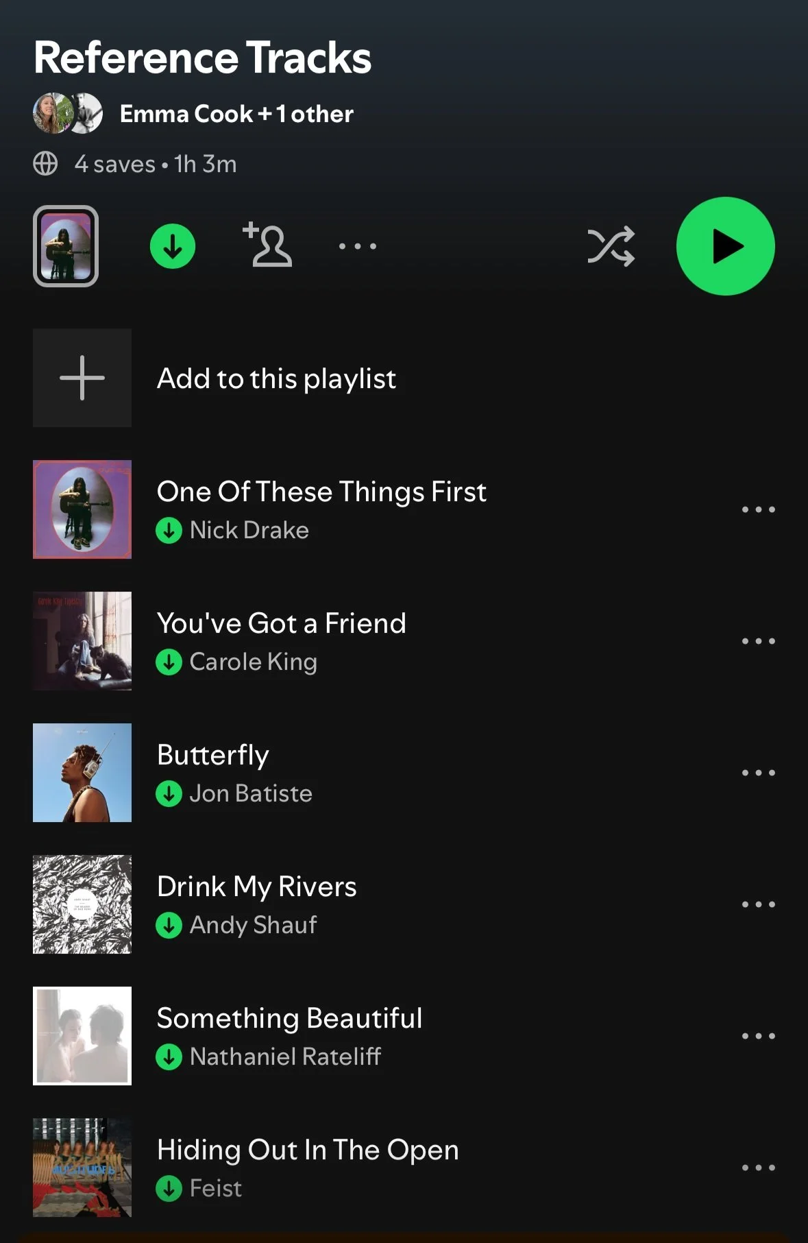 Screenshot of a Spotify playlist titled 'Reference Tracks' featuring six songs by various artists, with options to play, save, or add the songs to the playlist.