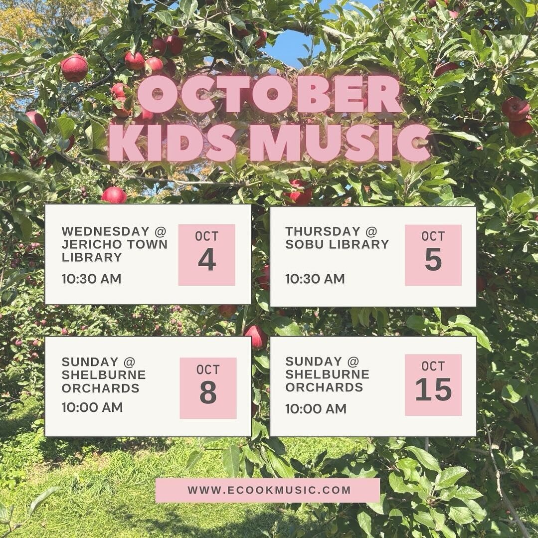it&rsquo;s fall, y&rsquo;all and i&rsquo;ll be playing some kids tunes at @jerichotownlibrary @sblibrary this week, AND the next two sundays at @shelburneorchards 🍎🍁🍂see ya soon?! 

#kidsmusic #childrensmusic #vermont #fallvibes