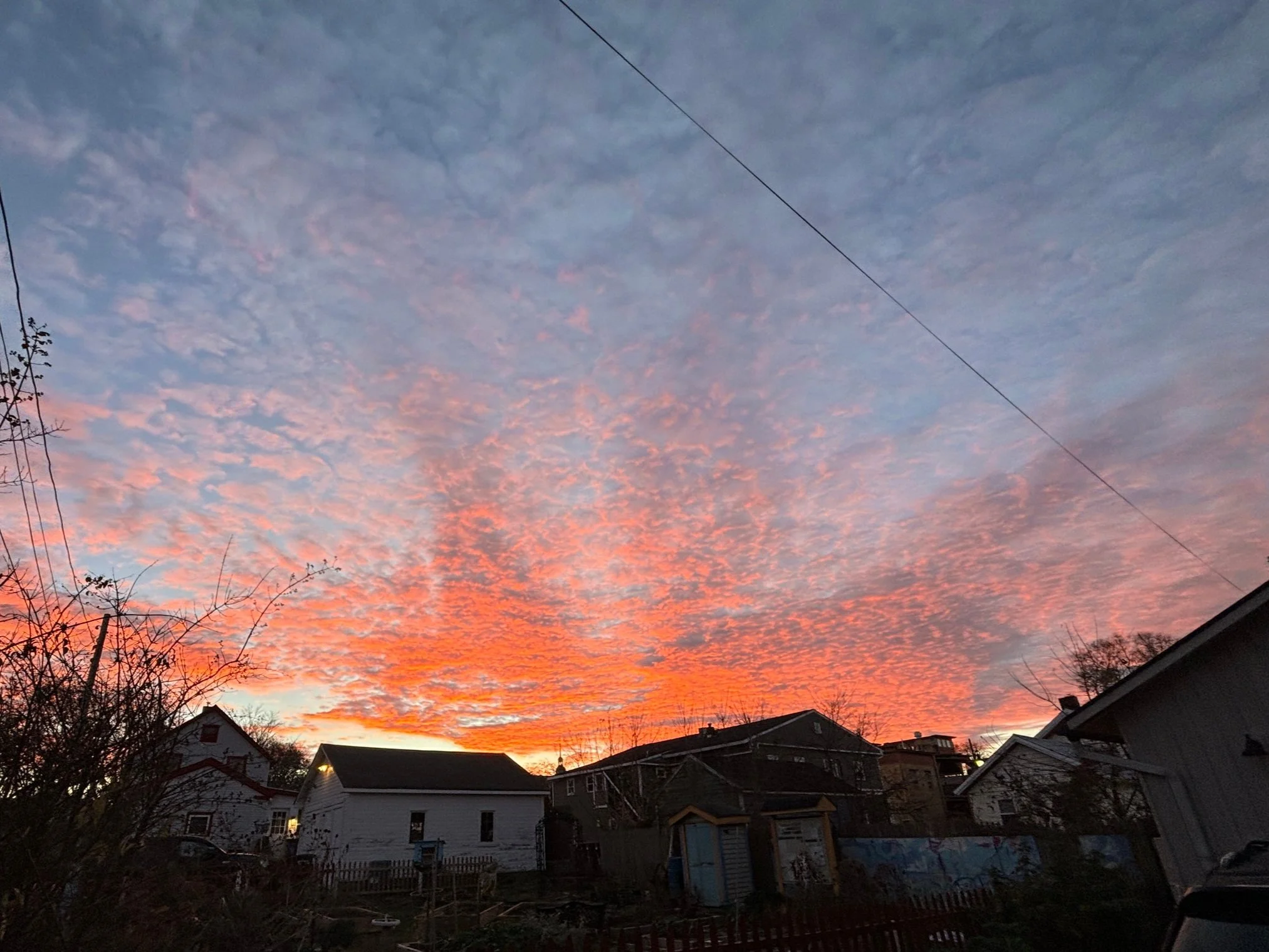 A sunset or sunrise sky with pink and orange clouds over a neighborhood.
