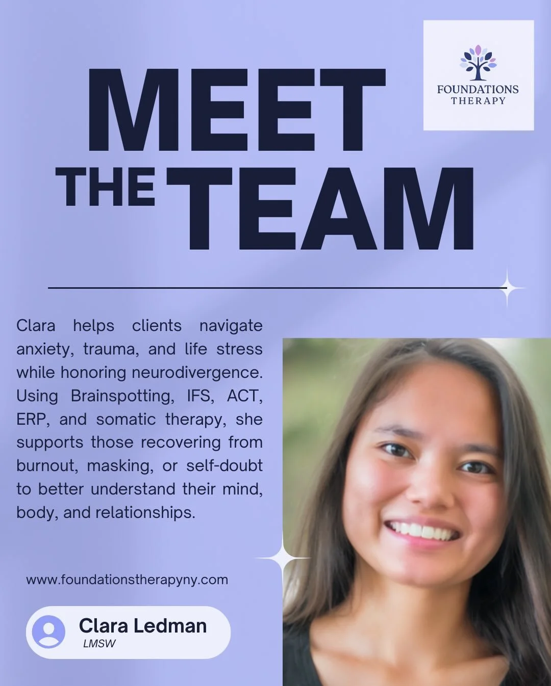 ✨ Meet Clara! ✨

Clara helps clients navigate anxiety, trauma, and life stress&mdash;while honoring how neurodivergence shapes emotional experience. She guides those feeling burned out, overwhelmed, or stuck in self-doubt toward greater clarity, bala