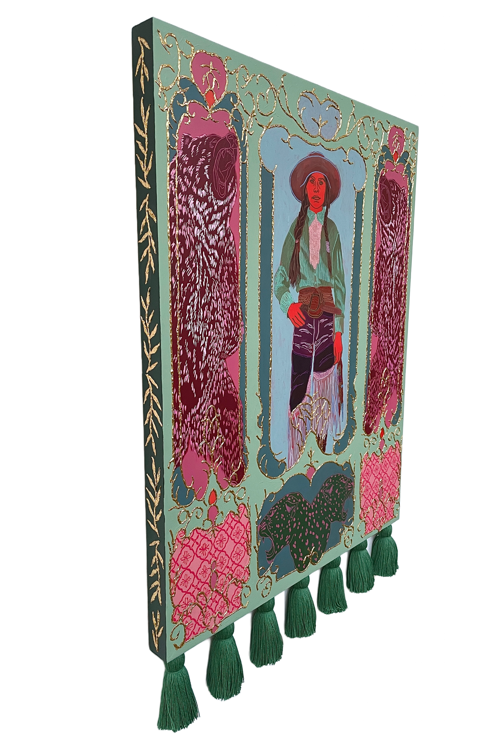 All the King's Horses, All the King's Men | 34" x 24" x 1.5" | acrylic, pastel, ink, 24k gold on panel with cotton tassels | *SOLD