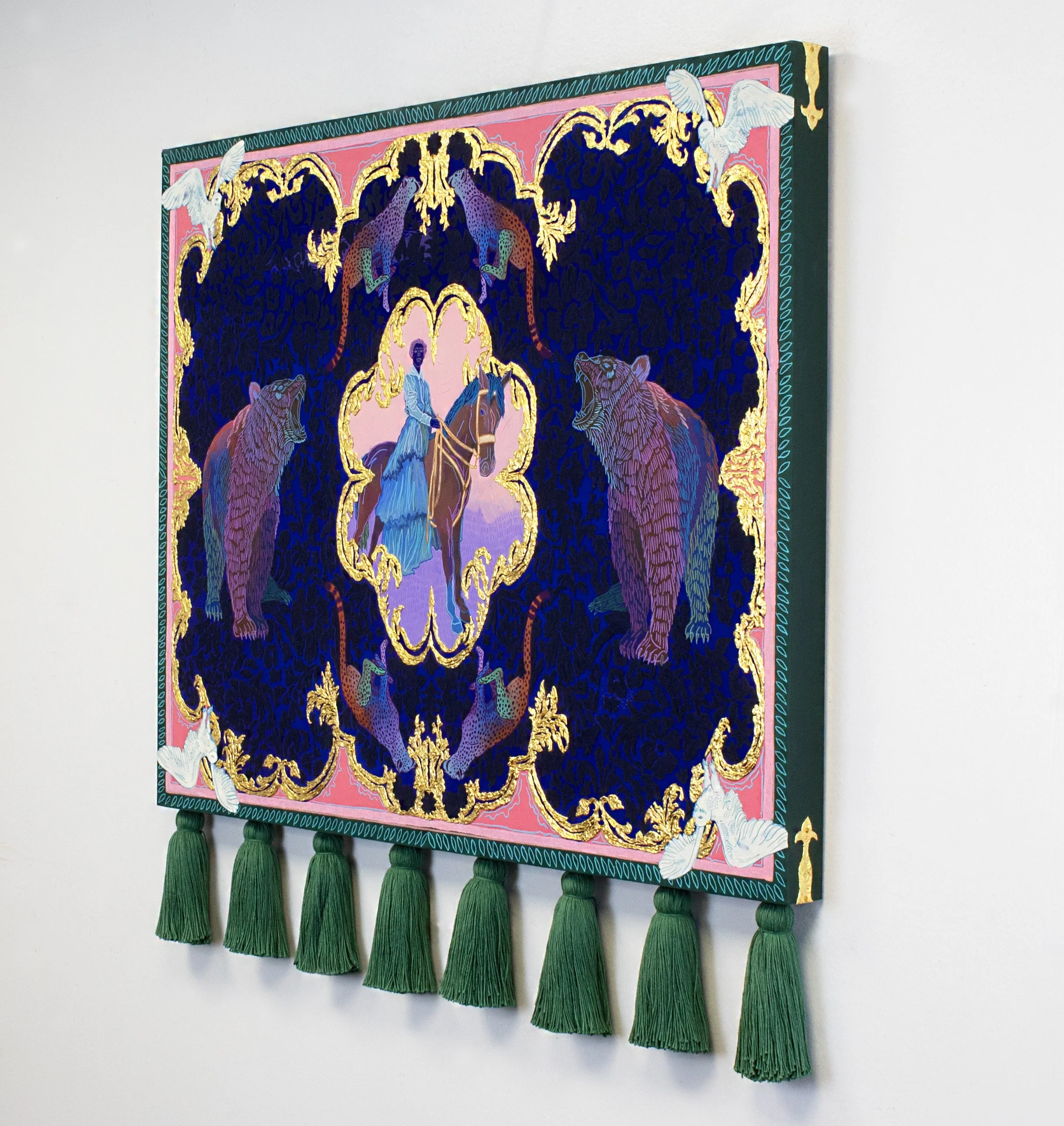 Onward [Come What May] | 28" x 30" x 1.5" | acrylic, pastel, ink, flocking, gold on panel with tassels | *SOLD