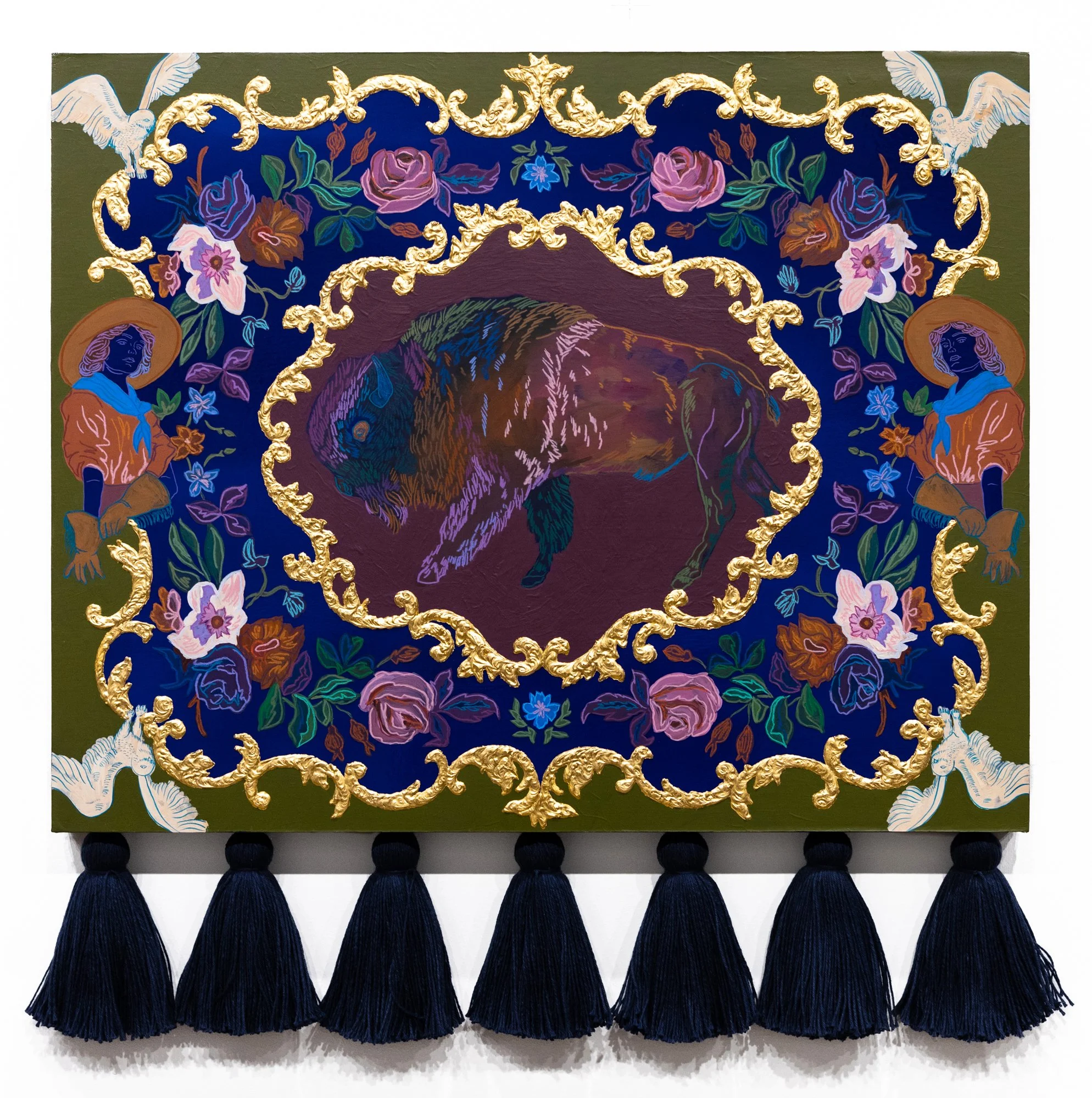 Grounding | 20" x 20" x 1.5" | acrylic, pastel, ink, 24k gold on panel with tassels | *Available with Paradigm Gallery