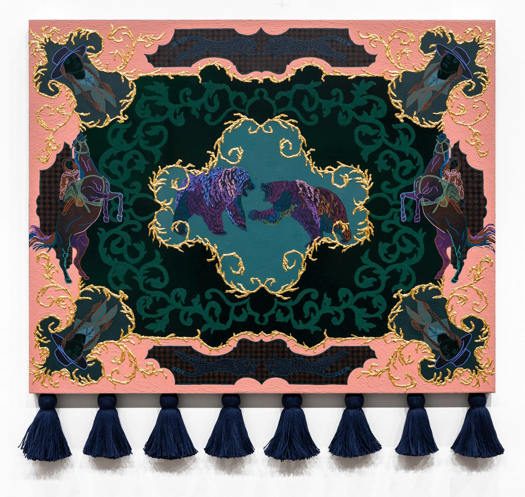 Tomorrow is Hope | 28" x 30" x 1.5" | acrylic, pastel, ink, flocking, 24k gold on panel with tassels | *Available with Paradigm Gallery