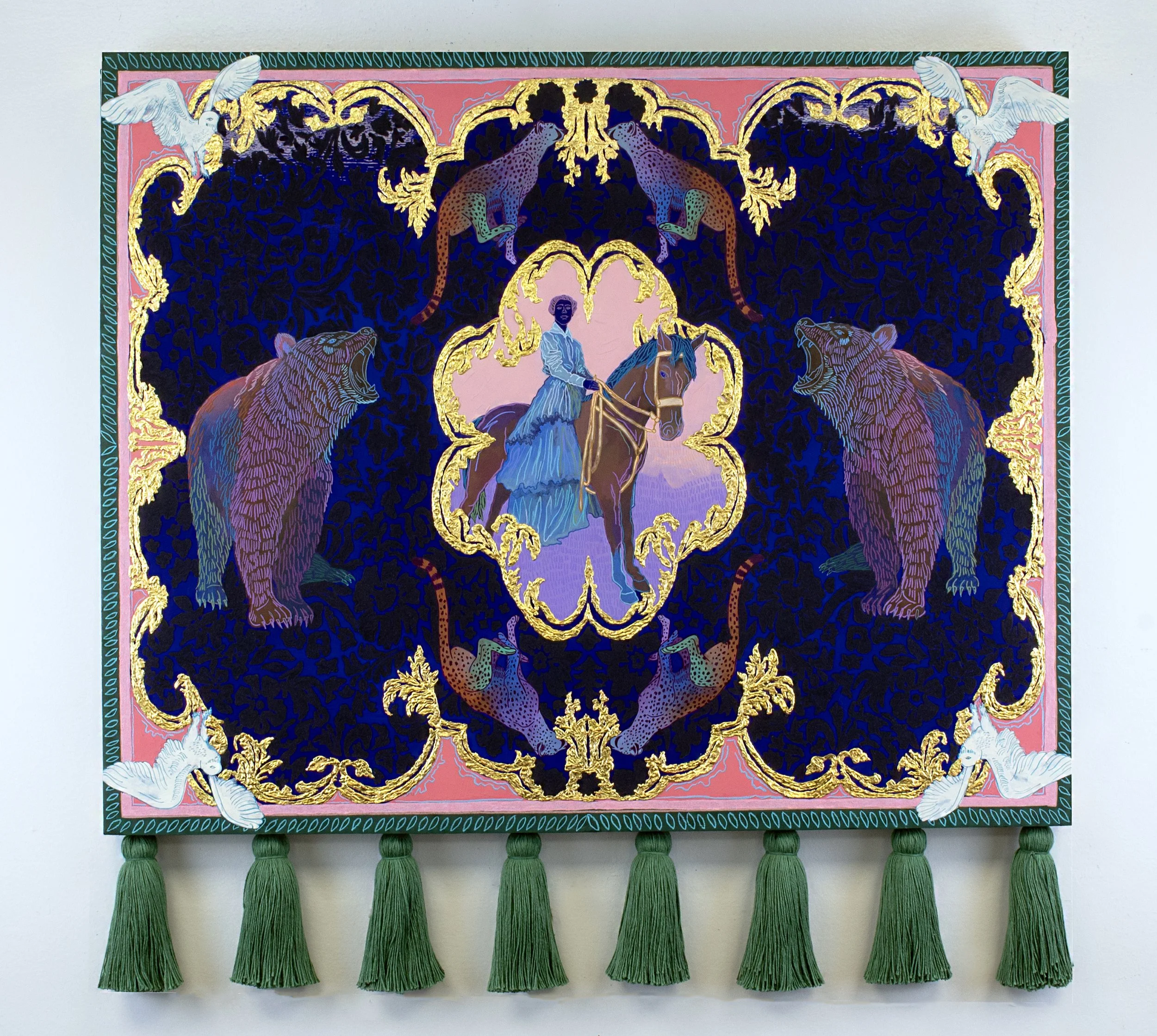 Onward [Come What May] | 28" x 30" x 1.5" | acrylic, pastel, ink, flocking, gold on panel with tassels | *SOLD