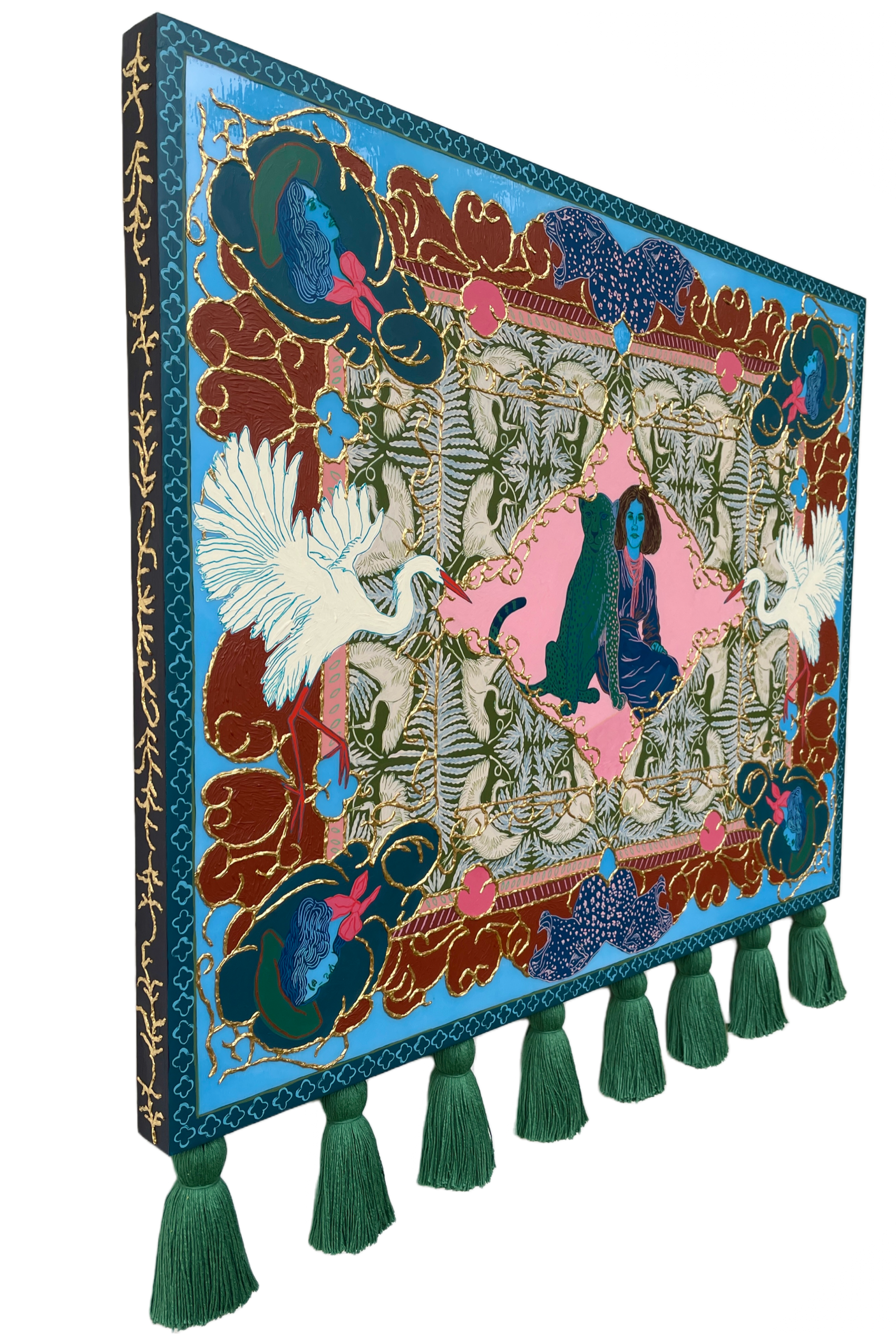 Stillness and Knowing | 28" x 30" x 1.5" | acrylic, pastel, ink, 24k gold on panel with cotton tassels | *SOLD