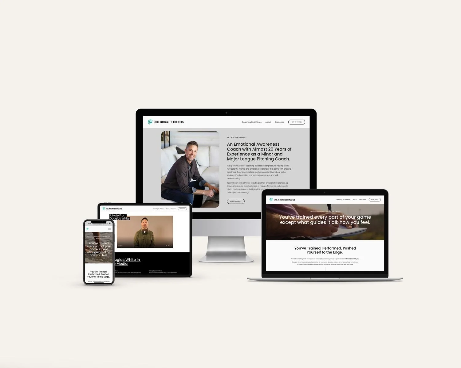 Multiple electronic devices displaying a website related to athletic coaching and mental health, including a desktop monitor, a laptop, a tablet, and a smartphone.