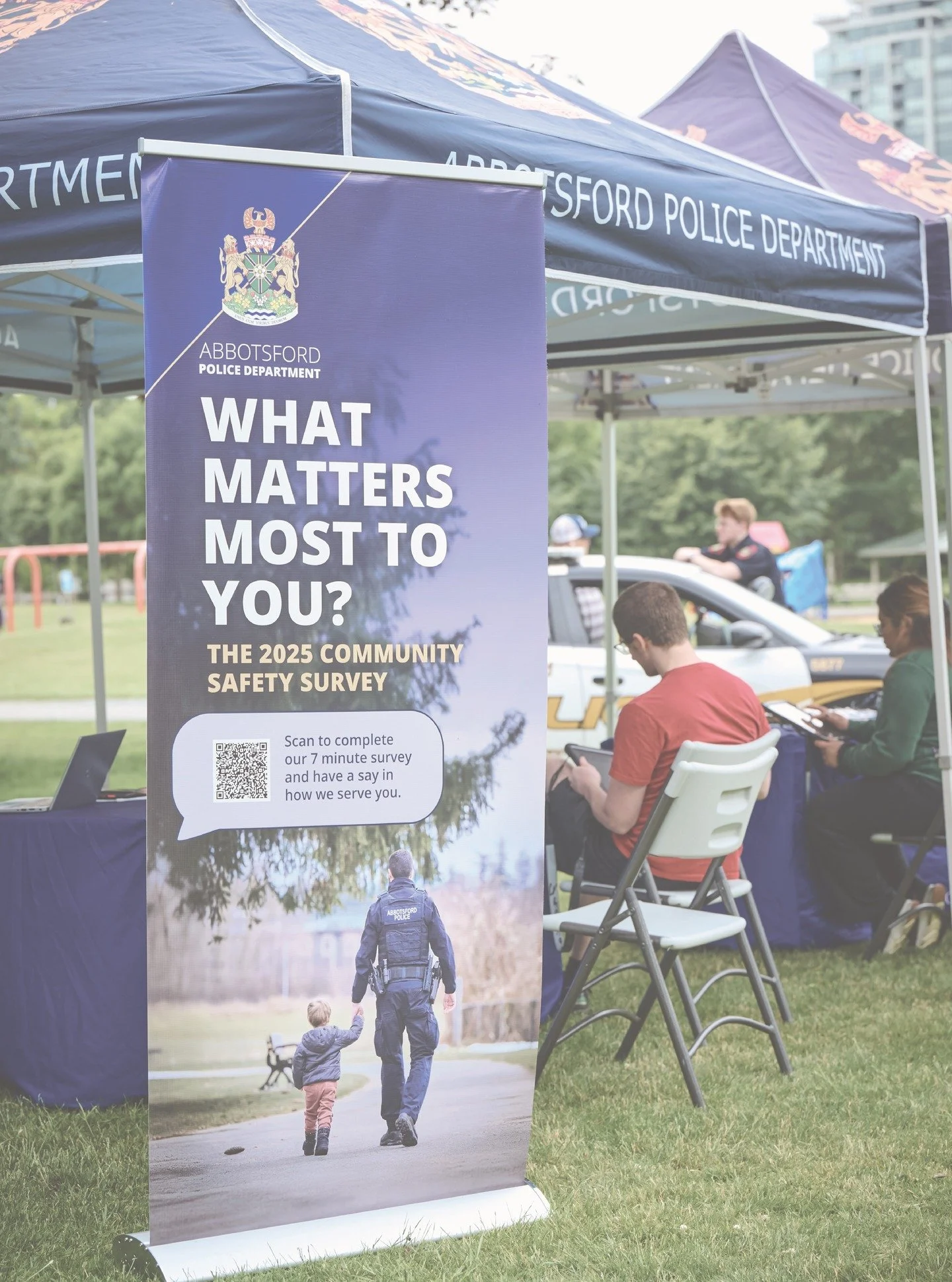 The @abbotsfordpd community survey results are designed to help shape their Strategic Plan. Our studio supported AbbyPD by designing effective outreach materials to engage their community, like this banner used at local events. The campaign generated