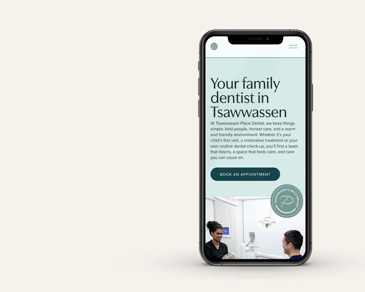 Smartphone displaying a dental practice website with text about family dentistry in Tsawwassen, a booking button, and an image of a dentist and patient in a modern dental office.