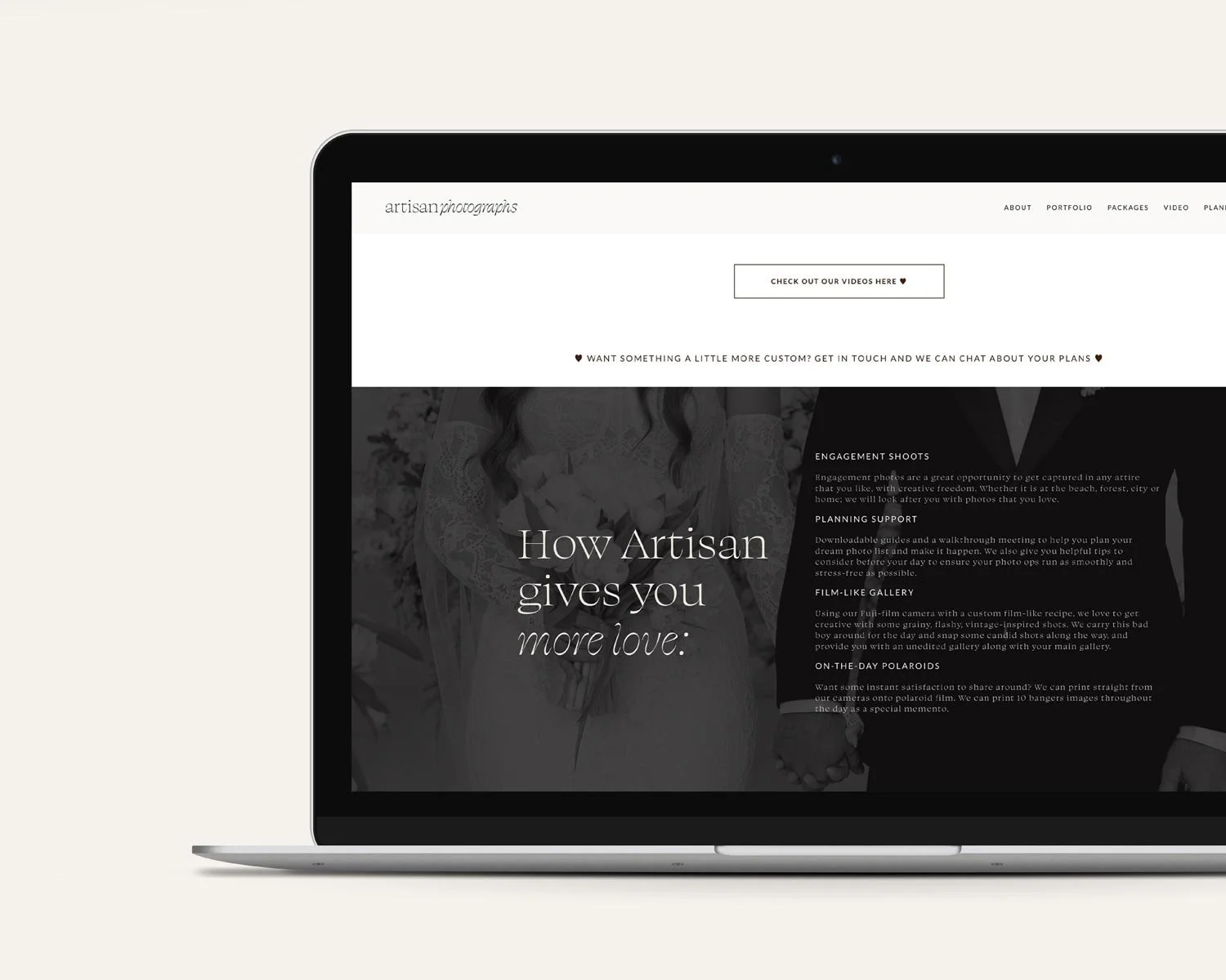 Laptop displaying a photography website with a black and white photo of a bride and text that says 'How Artisan gives you more love.'