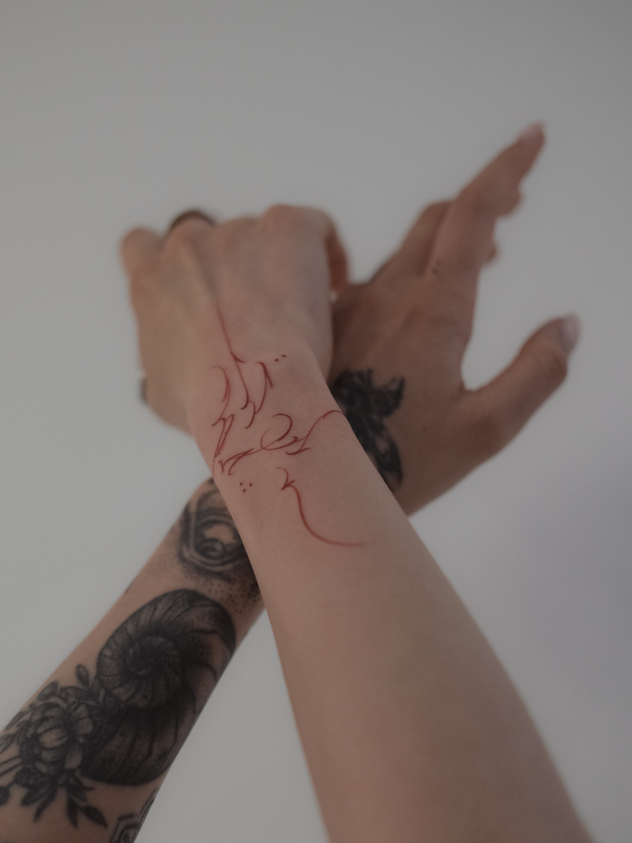 Two tattooed hands reaching towards a plain white wall. One hand has a floral tattoo on the forearm, and the other has a script tattoo on the wrist.