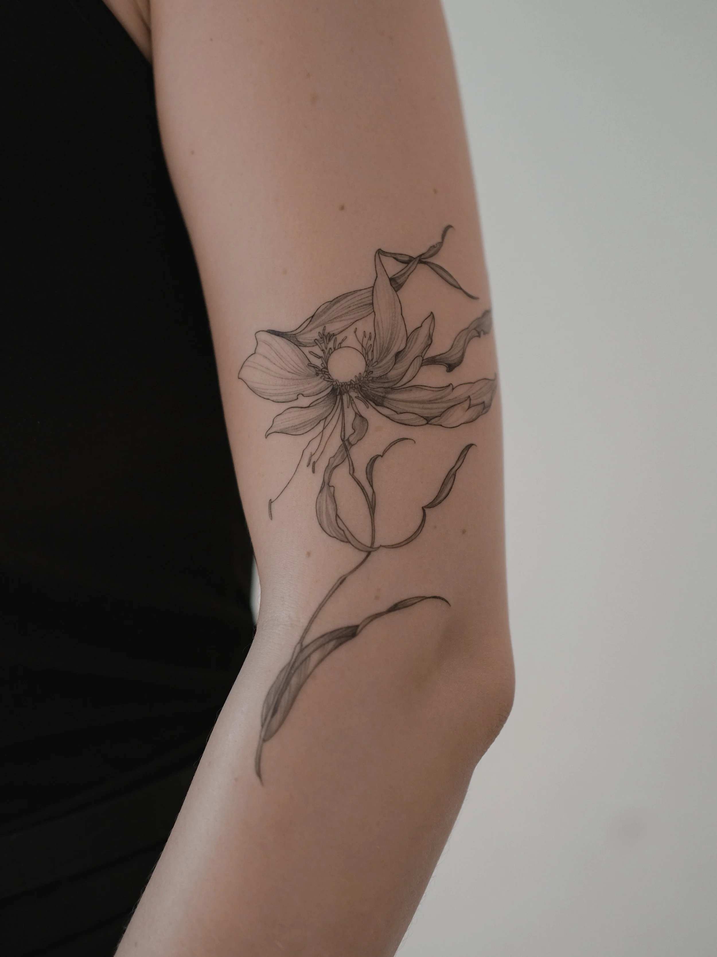 A black and white floral tattoo of a flower with long petals on a person's forearm.