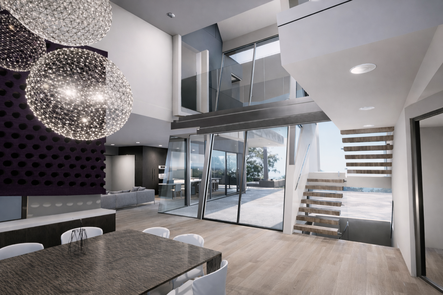 Bright modern dining with floating staircase.png